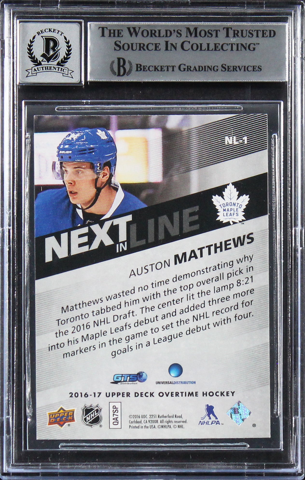 Auston Matthews Signed 2016 UD Overtime NIL #NL1 Rookie Card Auto 10! BAS Slab