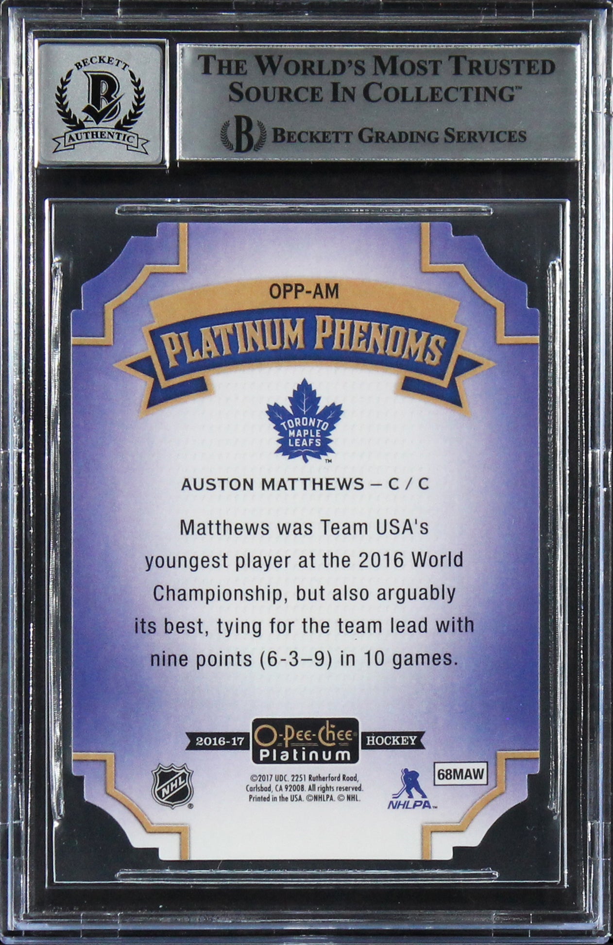 Auston Matthews Signed 2016 OPC Platinum Die Cuts #OPPAM Card Auto 10! BAS Slab