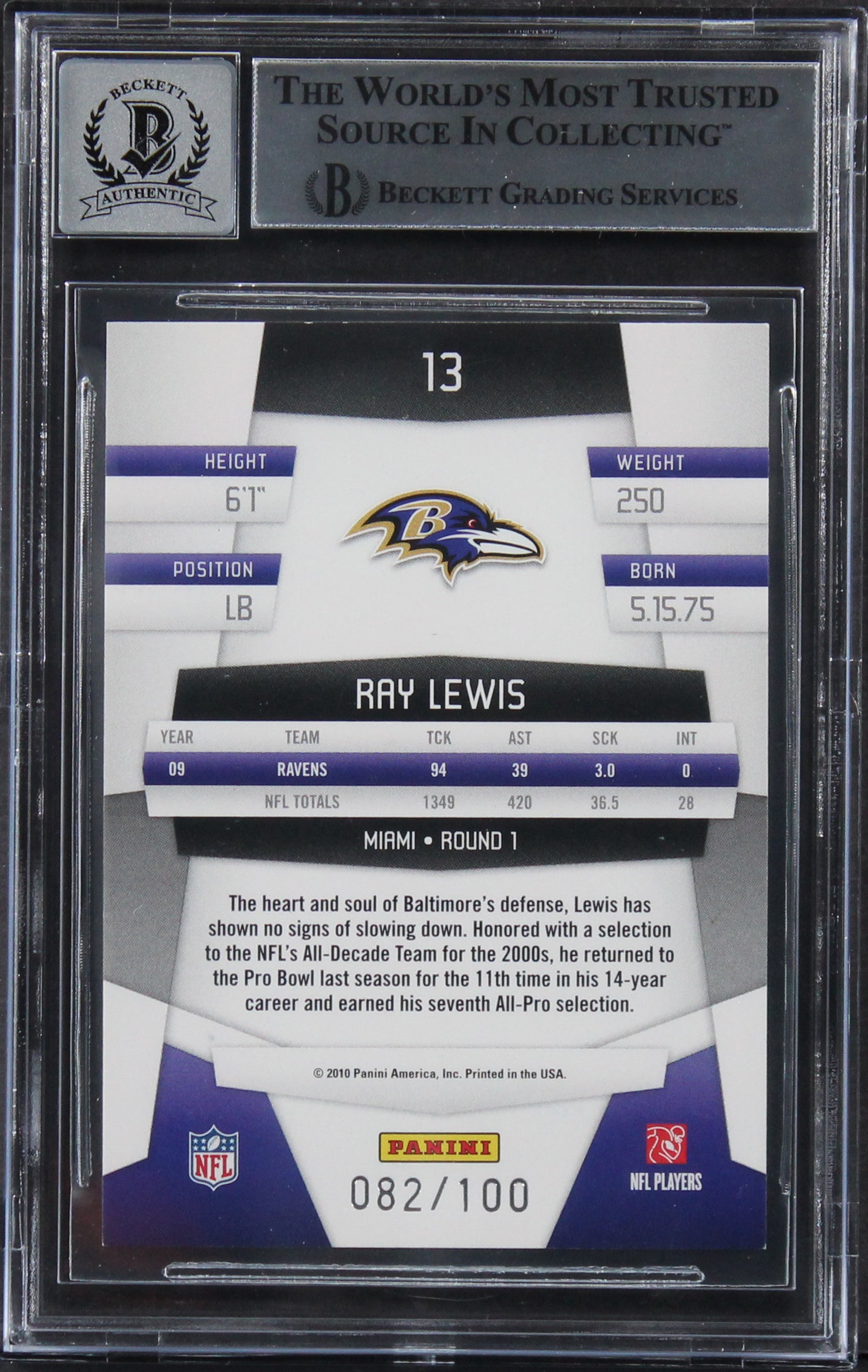 Ravens Ray Lewis Signed 2010 Certified Platinum Blue #13 Card Auto 10! BAS Slab