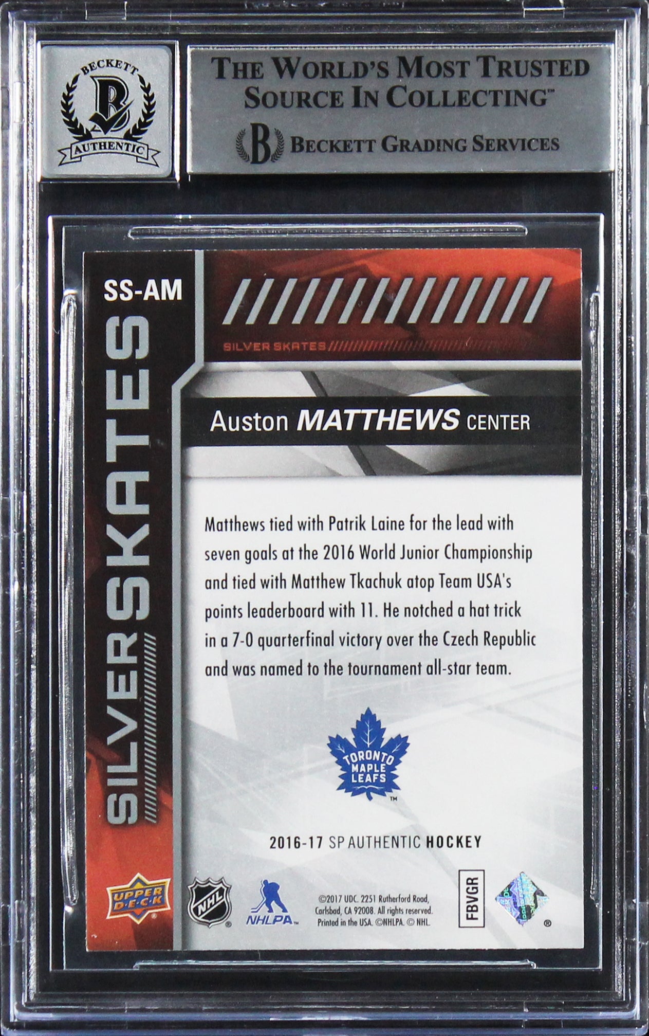 Auston Matthews Signed 2016 SP Silver Skates #SSAM Card RC Auto 10! BAS Slabbed