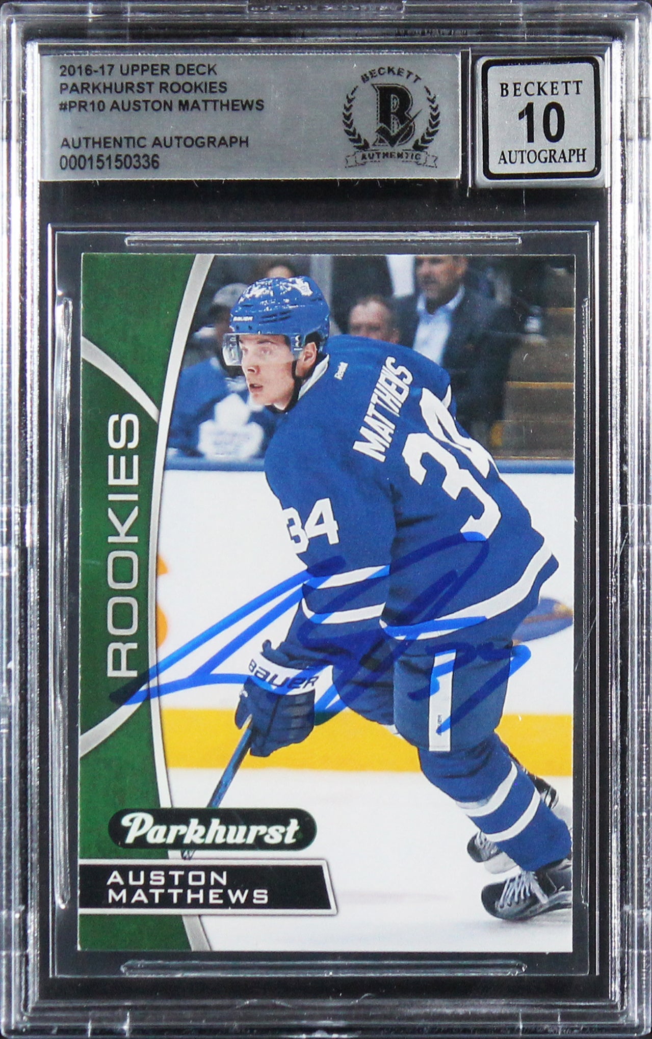 Auston Matthews Signed 2016 UD Parkhurst #PR10 Card RC Auto 10! BAS Slabbed