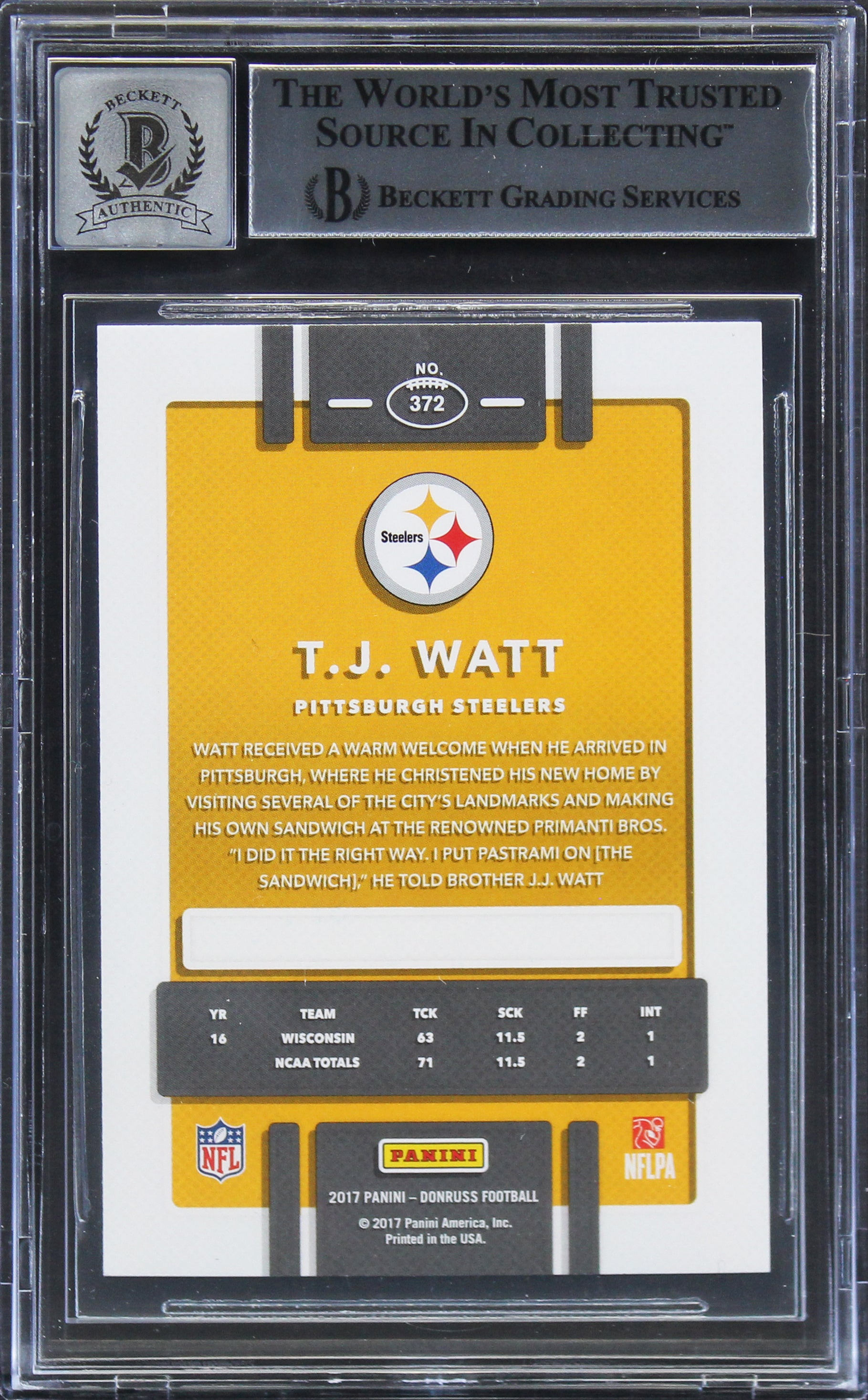 T.J. Watt Signed 2017 Donruss Press Proofs Blue #372 RC Card Auto 10 BAS Slabbed