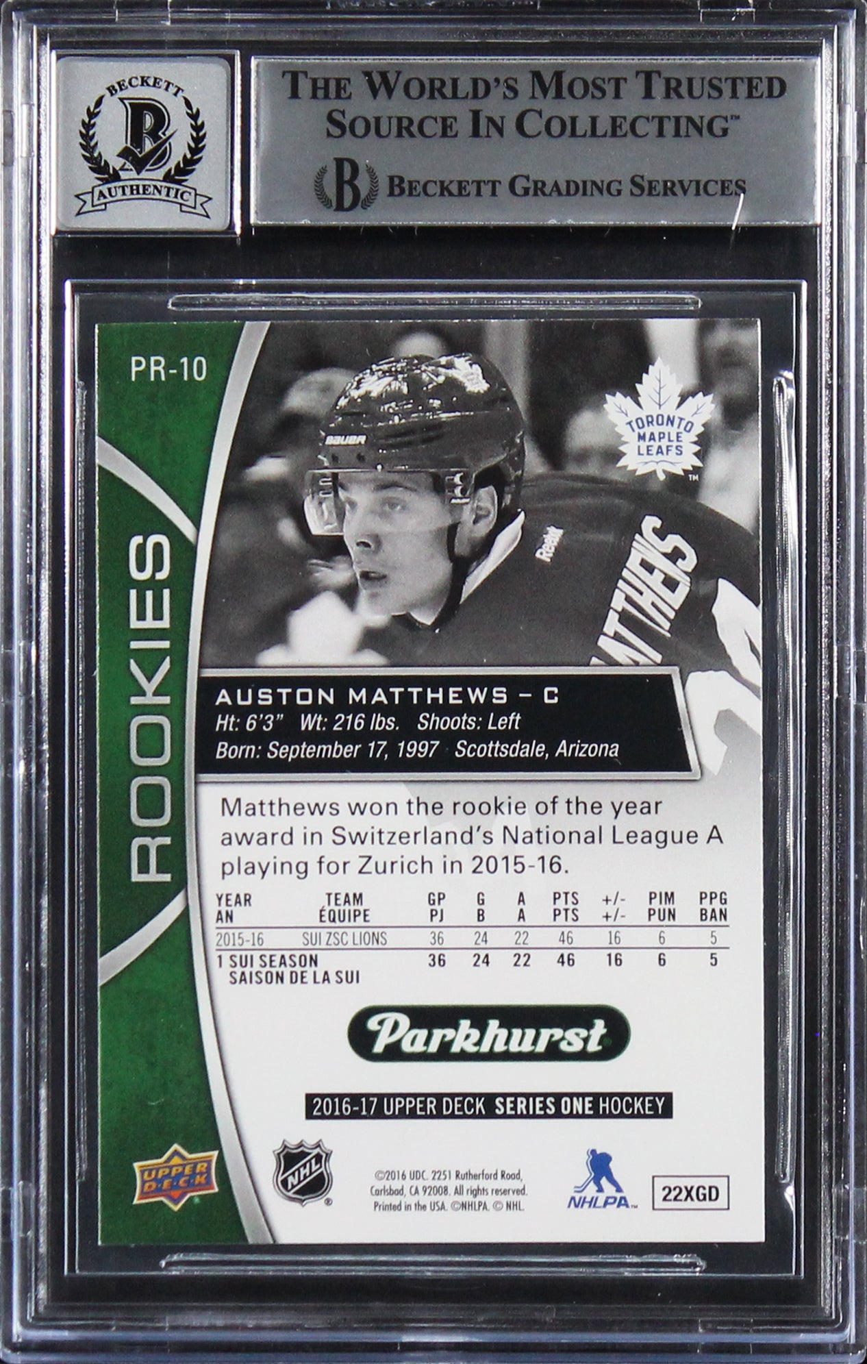 Auston Matthews Signed 2016 UD Parkhurst #PR10 Card RC Auto 10! BAS Slabbed