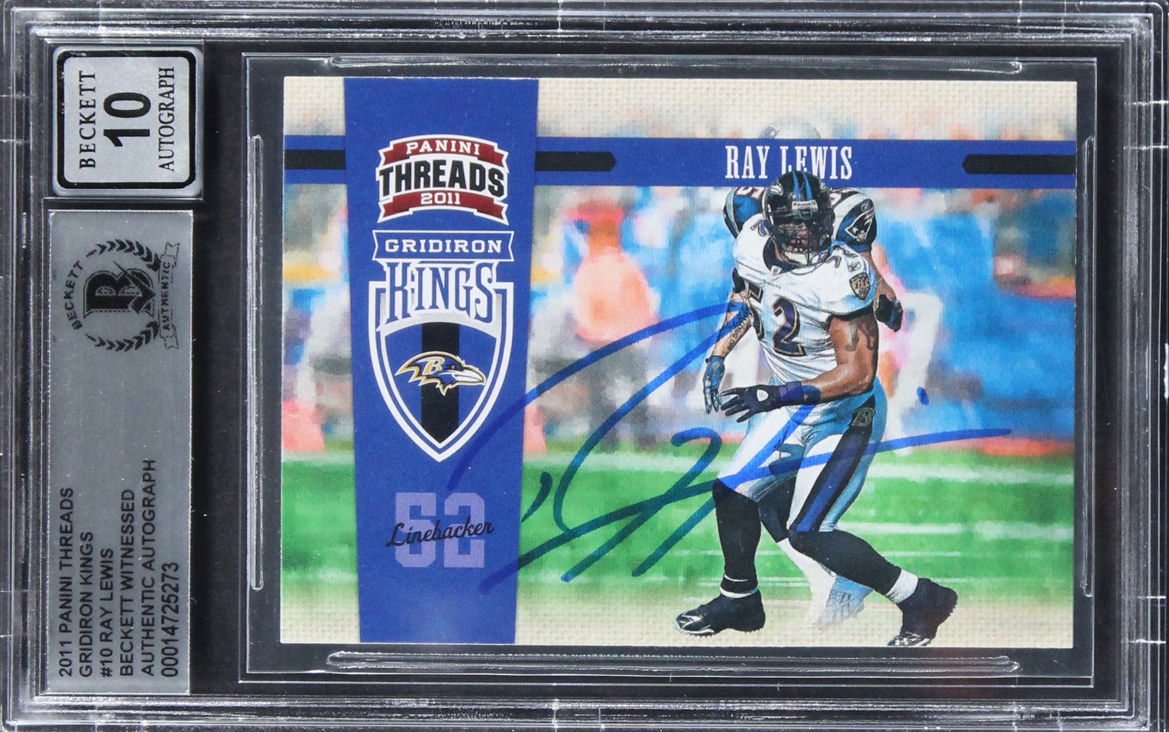 Ravens Ray Lewis Signed 2011 Panini Threads Gridiron Kings Card Auto 10 BAS Slab