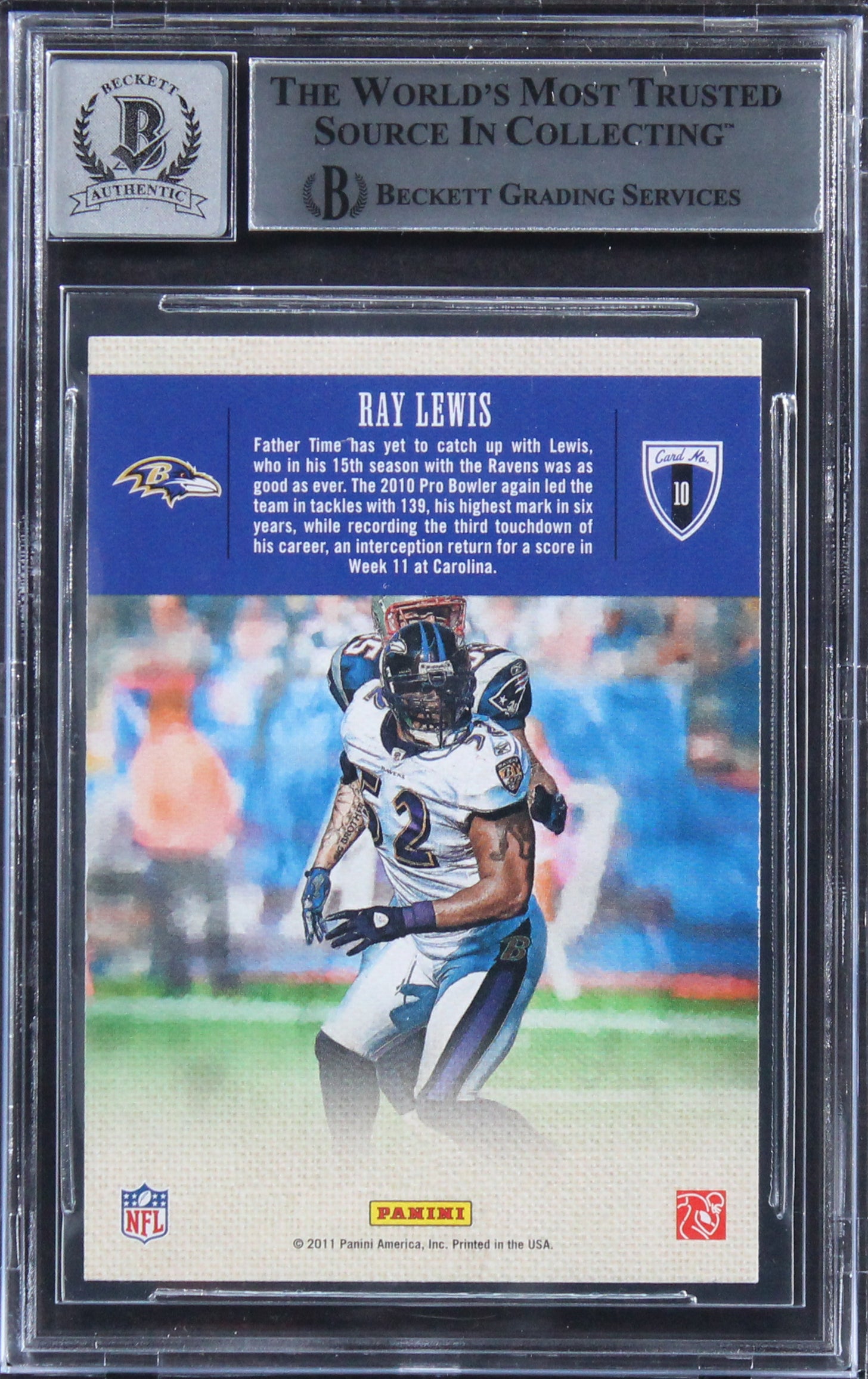 Ravens Ray Lewis Signed 2011 Panini Threads Gridiron Kings Card Auto 10 BAS Slab