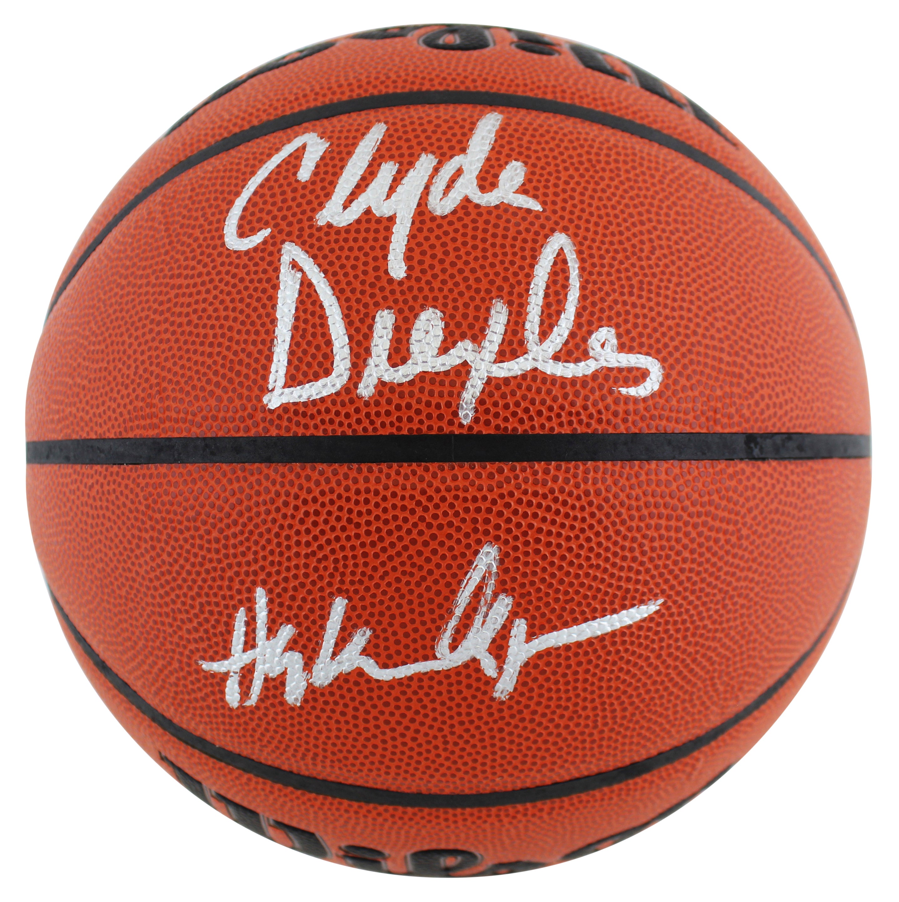 Hakeem Olajuwon & Clyde Drexler Signed Wilson Basketball w/ Silver Sig BAS Wit