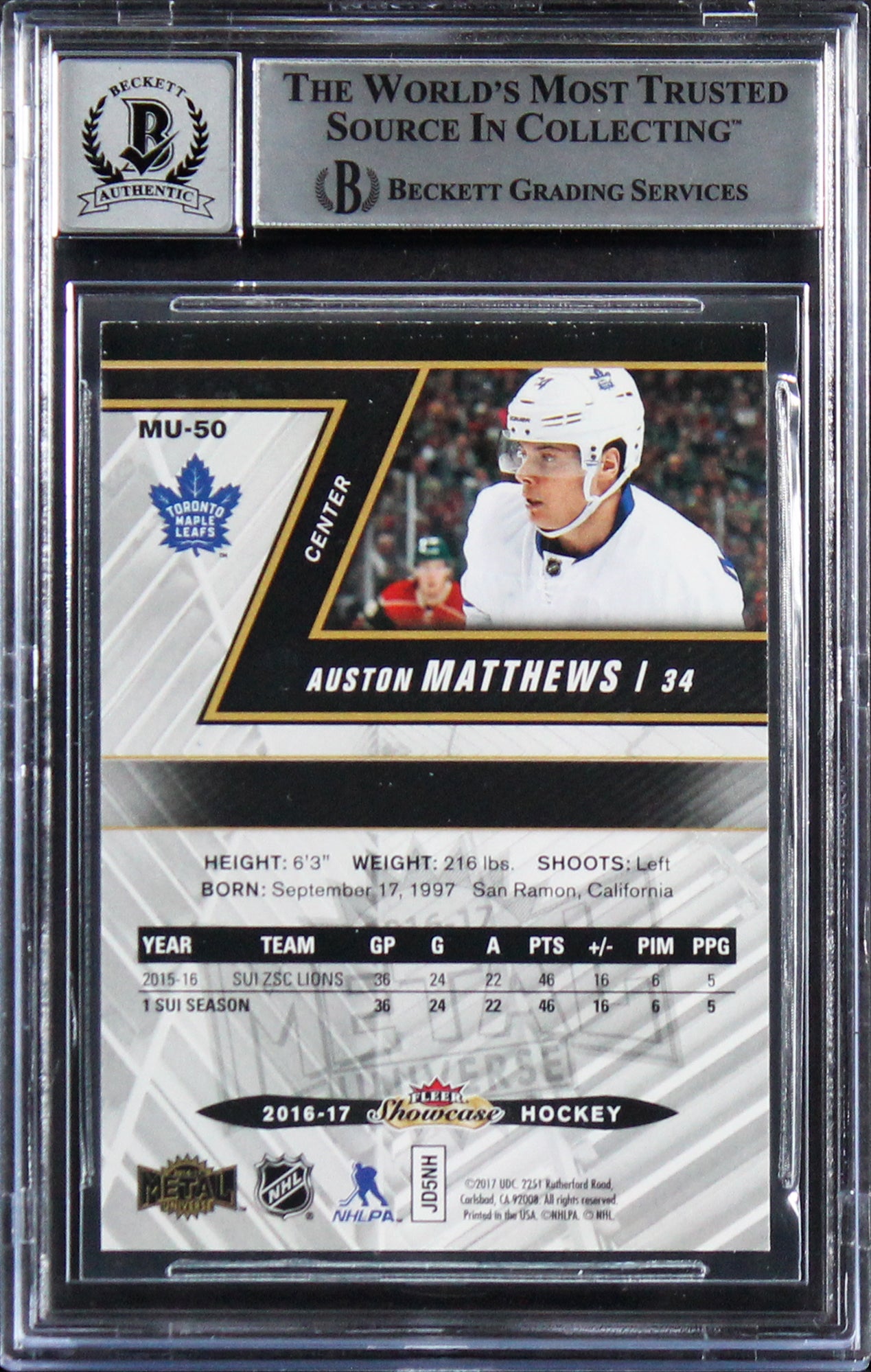 Auston Matthews Signed 2016 Fleer Showcase Metal #MU50 Card Auto 10! BAS Slabbed