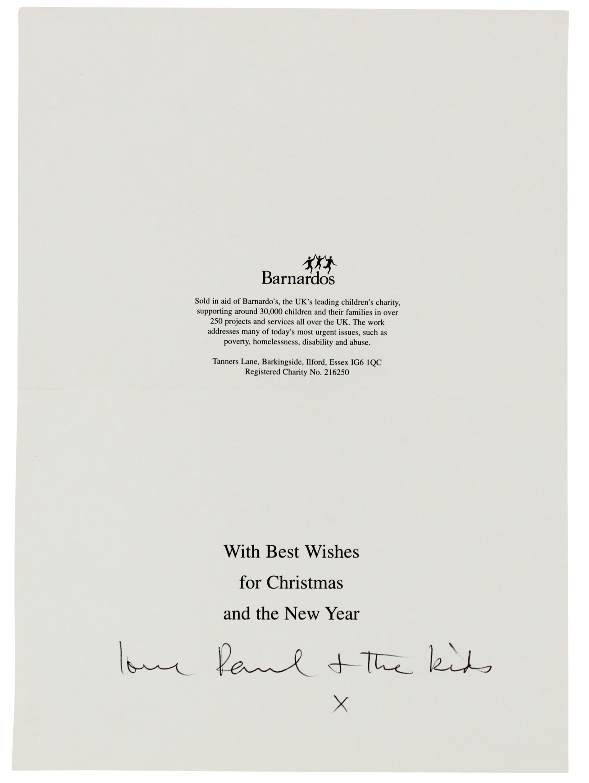 Paul McCartney "Love & The Kids" Signed 6.5x9 Christmas Greeting Card BAS