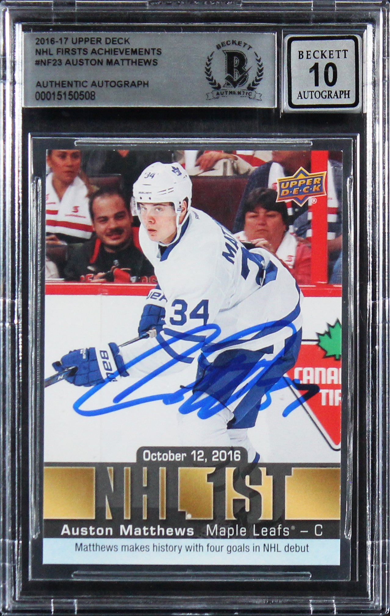 Auston Matthews Signed 2016 Upper Deck NHL Firsts #NF23 RC Card Auto 10 BAS Slab