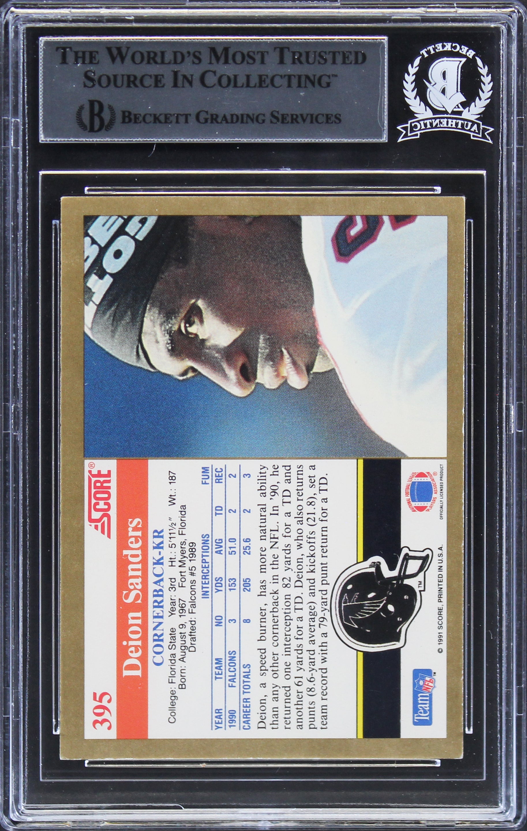 Falcons Deion Sanders Authentic Signed 1991 Score #395 Card BAS Slabbed