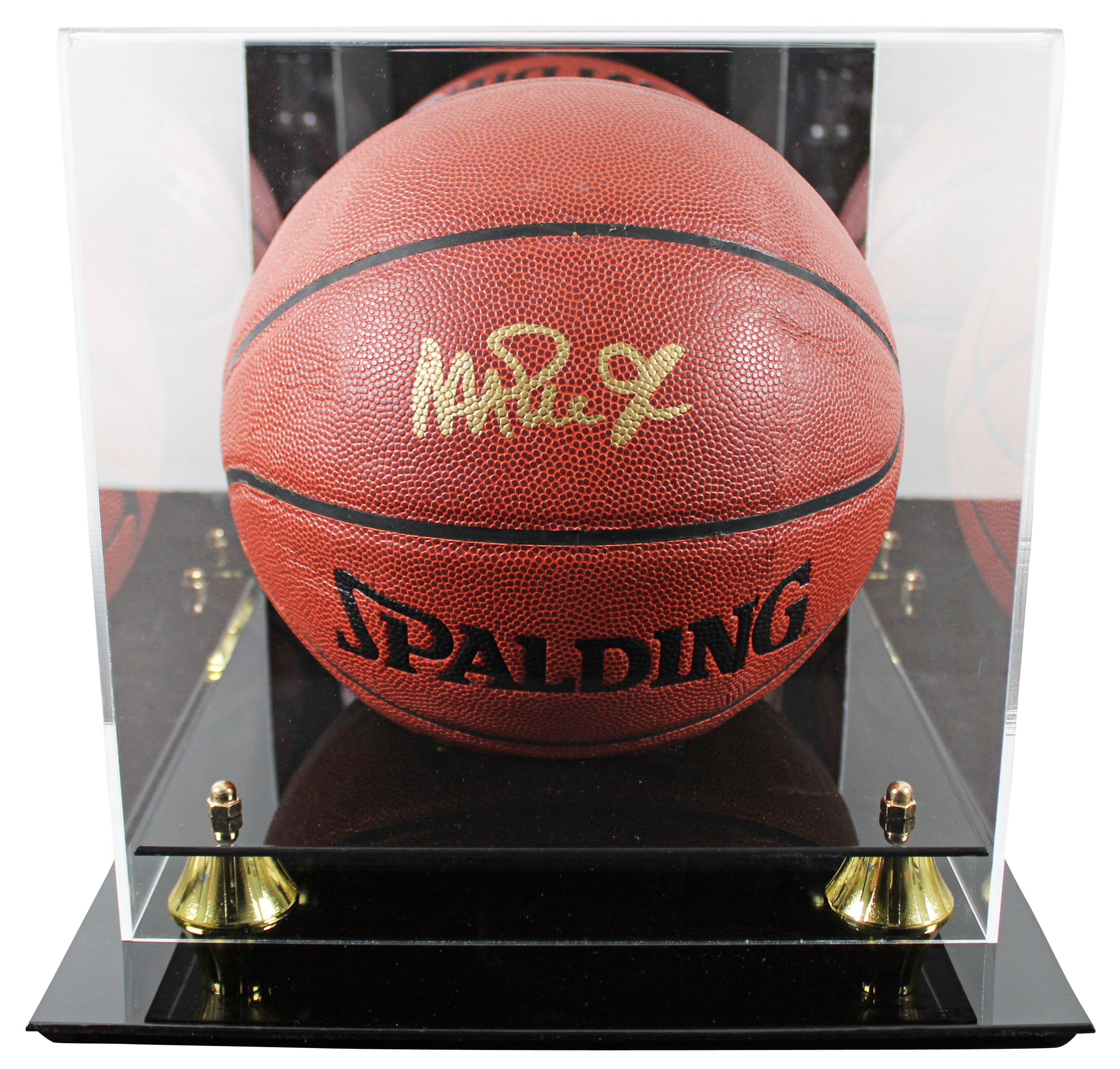 Lakers Magic Johnson Signed in Gold Spalding Brown Basketball w/ Case BAS