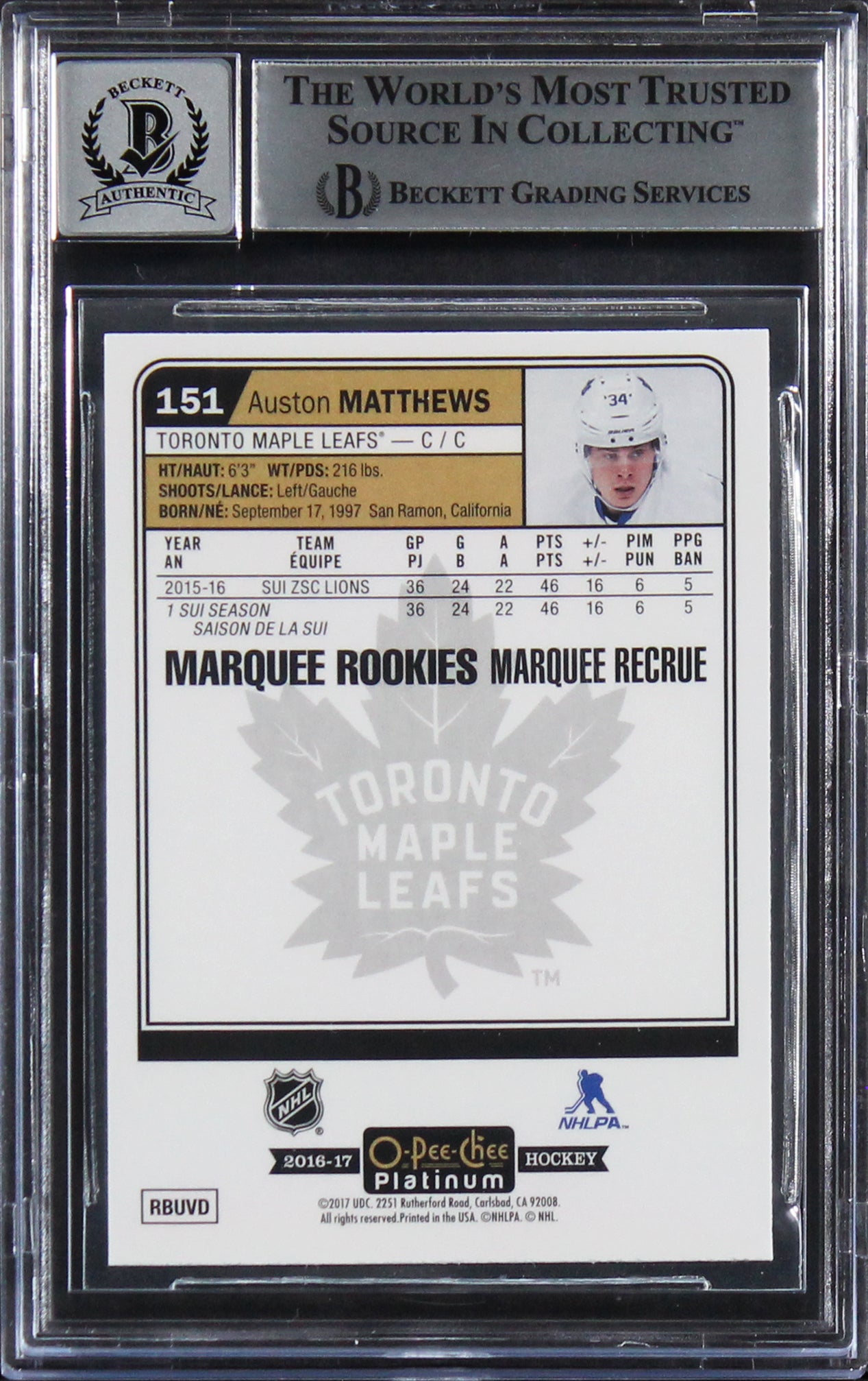 Auston Matthews Signed 2016 O-Pee-Chee Platinum #151 RC Card Auto 10! BAS Slab