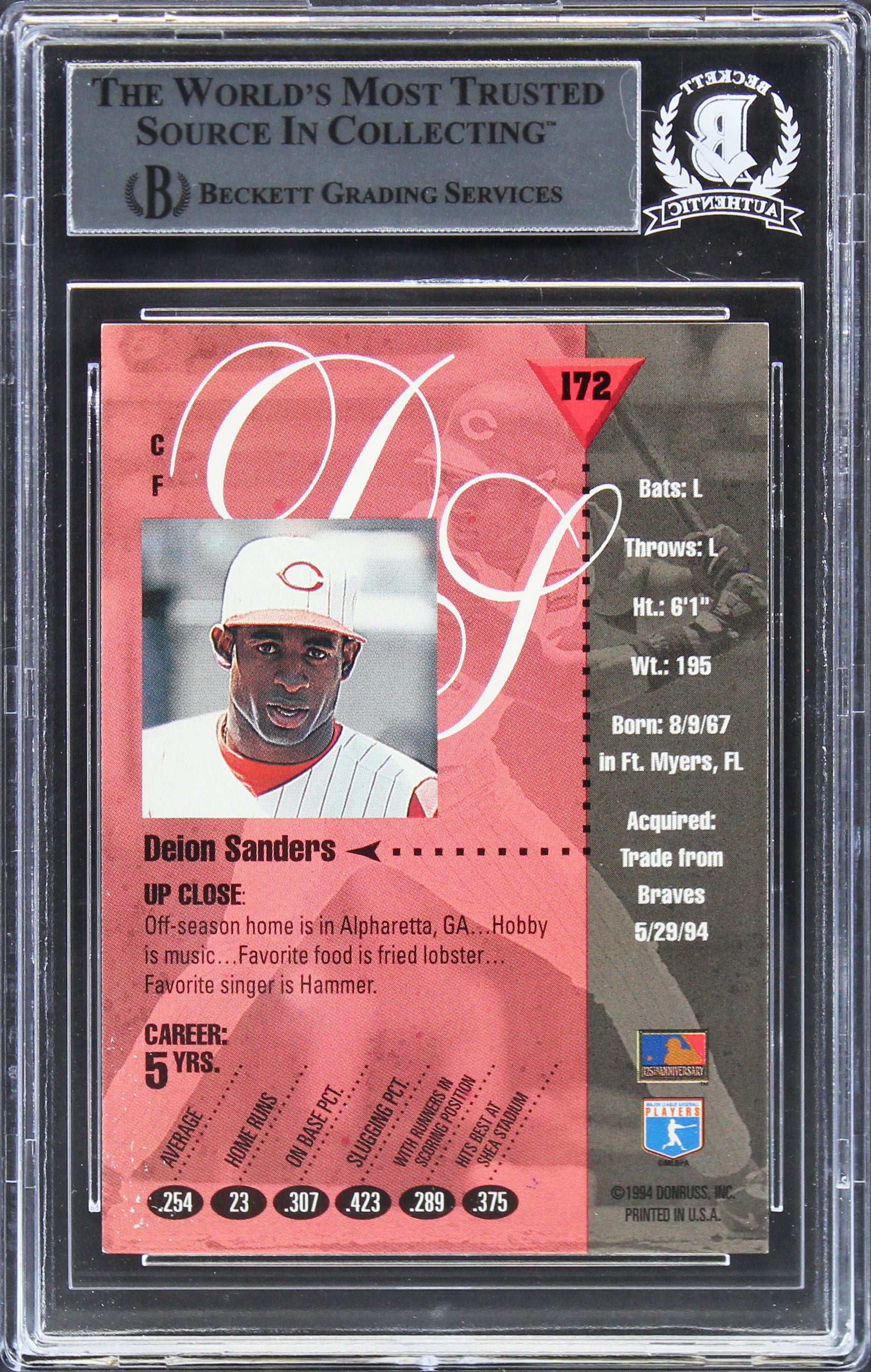 Reds Deion Sanders Authentic Signed 1994 Studio #172 Card BAS Slabbed