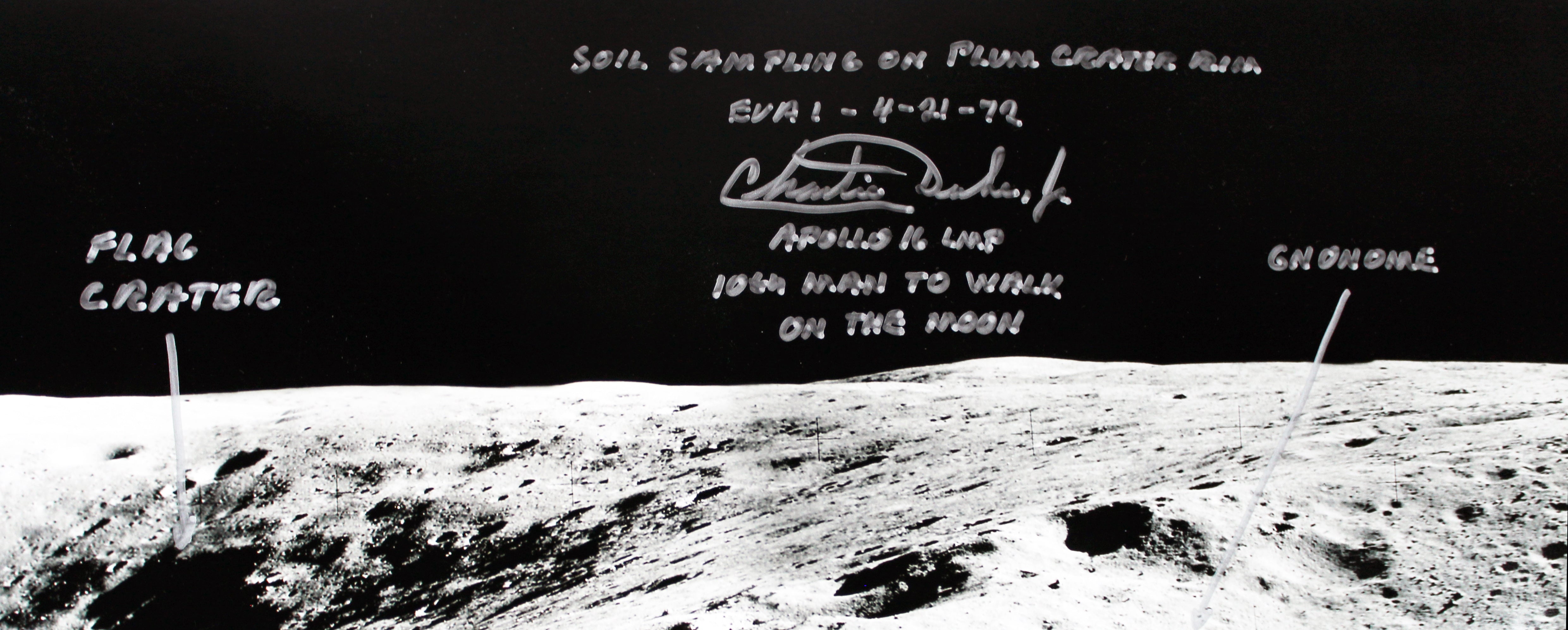 Charles Duke Apollo 16 "Plum Crater Rim" Signed 12x35 Photo BAS #AD38586