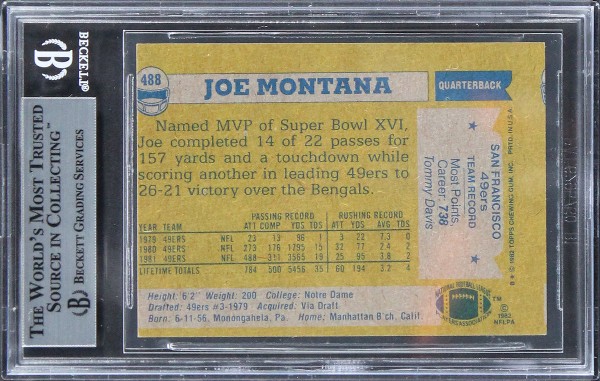 49ers Joe Montana Authentic Signed 1982 Topps #488 Card BAS Slabbed