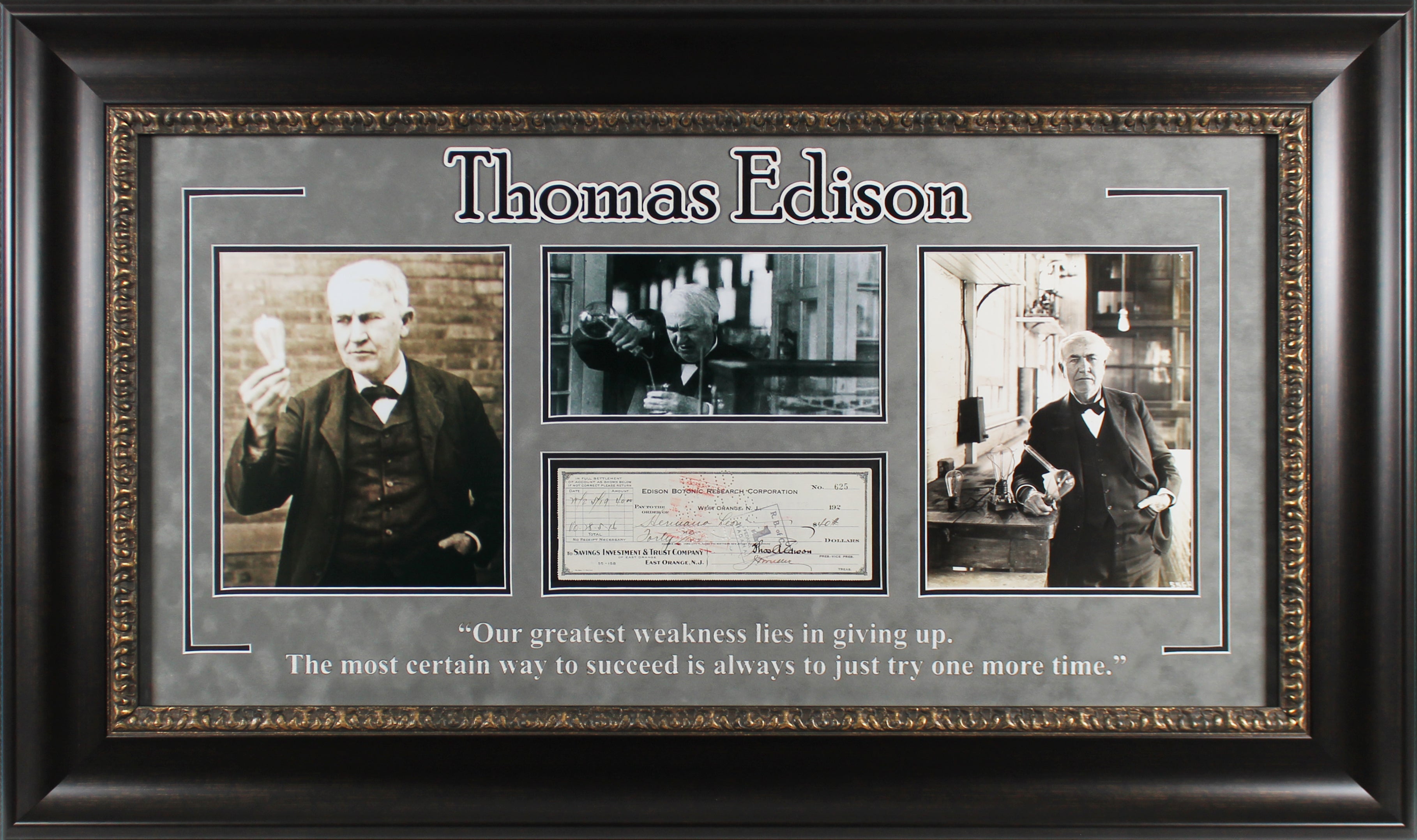 Thomas Edison Signed & Framed 3x8.75 Edison Botonic Research Corp Check BAS