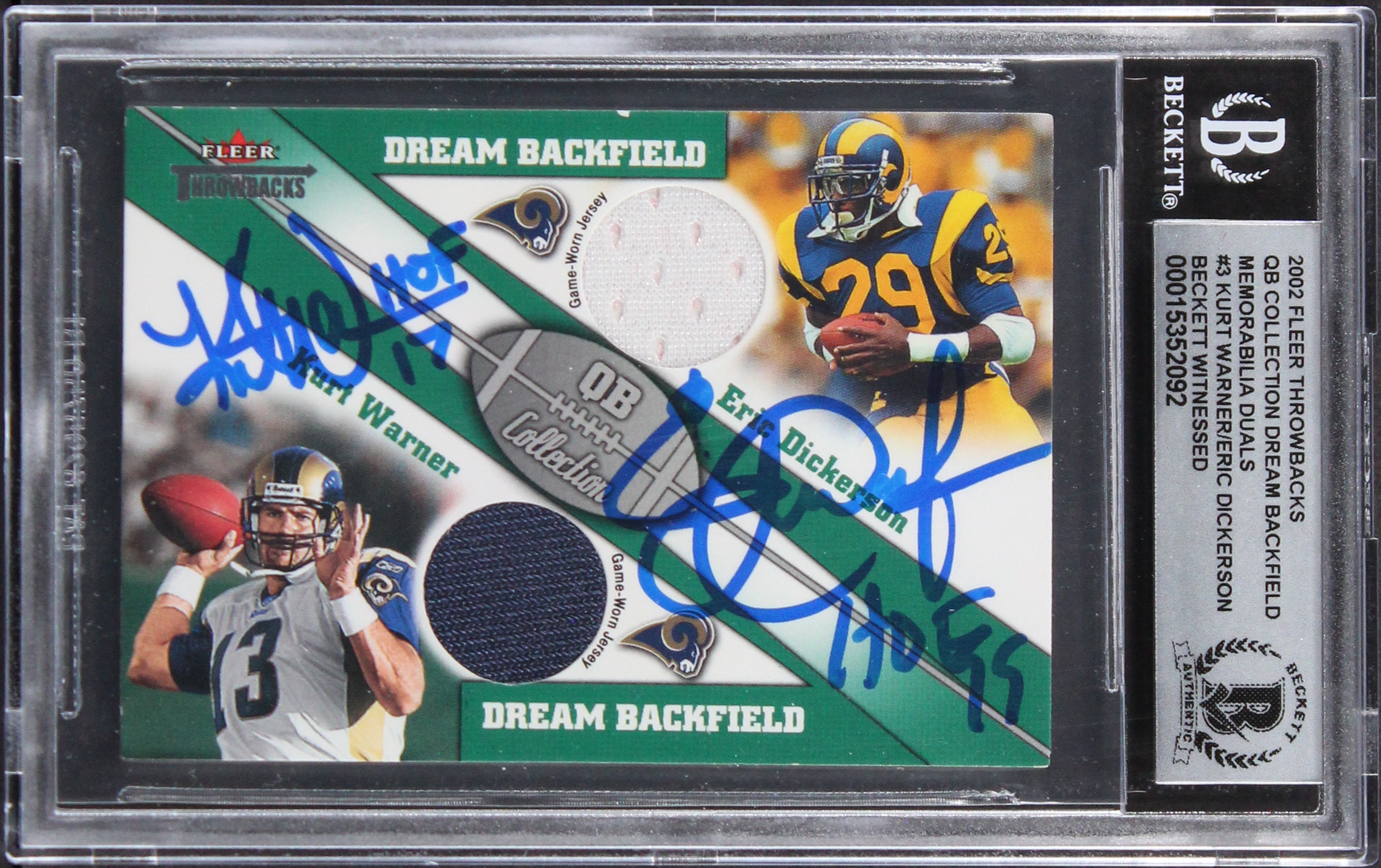 Kurt Warner & Eric Dickerson Signed 2002 Fleer TB QB #3 Card Auto 10! BAS Slab