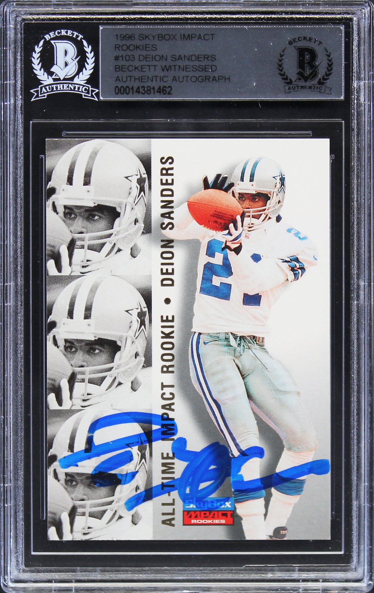 Cowboys Deion Sanders Signed 1996 Skybox Impact Rookies #103 Card BAS Slabbed