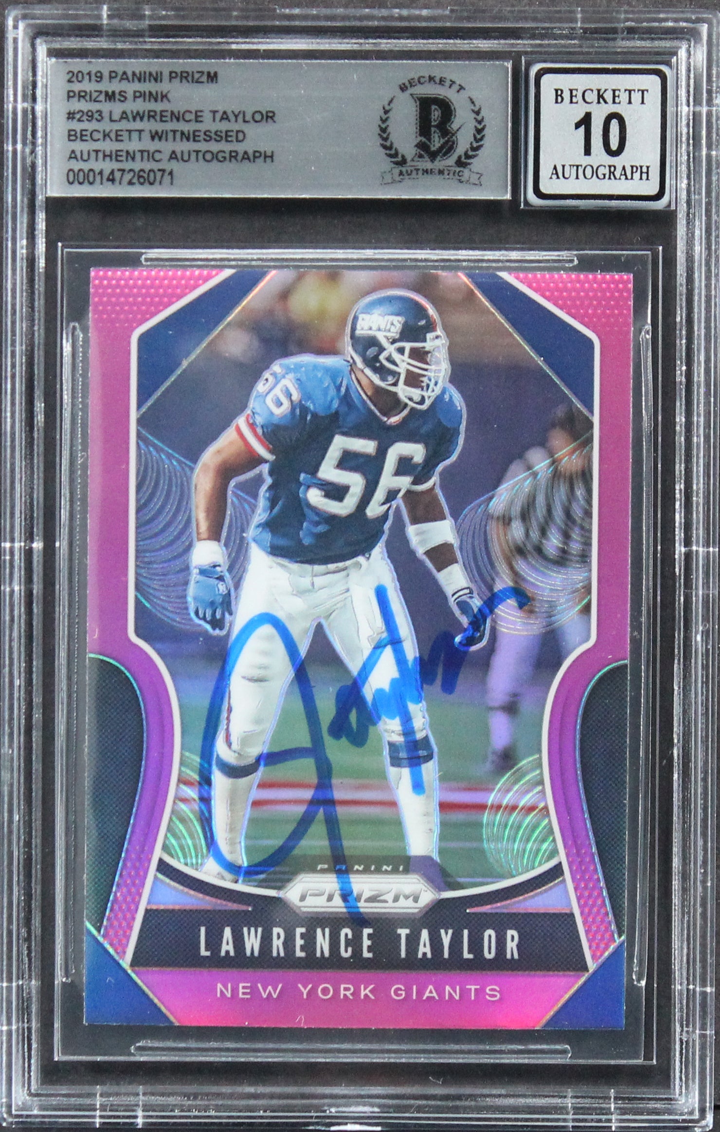 Giants Lawrence Taylor Signed 2019 Panini Prizm Pink #293 Card Auto 10! BAS Slab