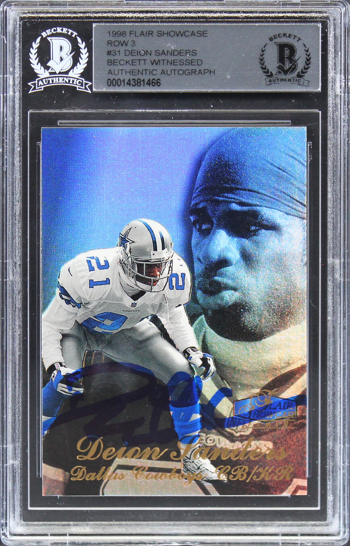 Cowboys Deion Sanders Signed 1998 Flair Showcase Row 3 #31 Card BAS Slabbed 3