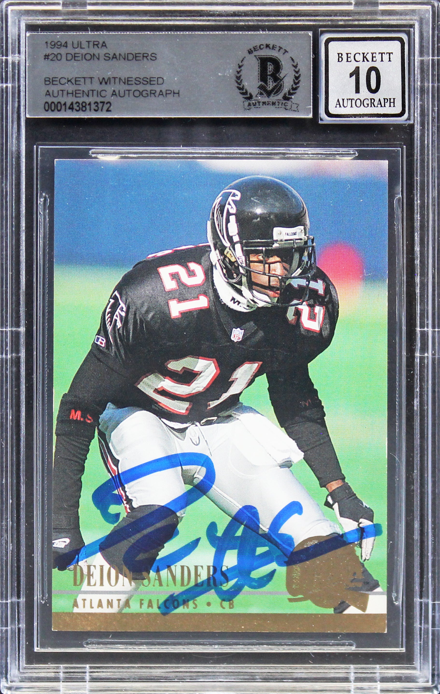 Falcons Deion Sanders Authentic Signed 1994 Ultra #20 Card Auto 10! BAS Slabbed