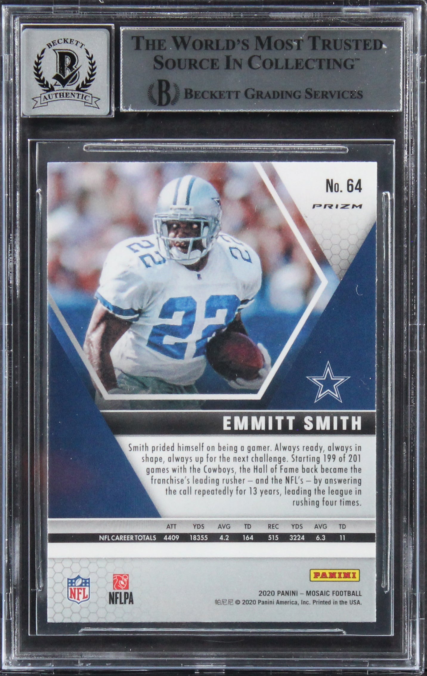 Emmitt Smith Signed 2020 Panini Mosaic Reactive Orange #64 Card Auto 10 BAS Slab