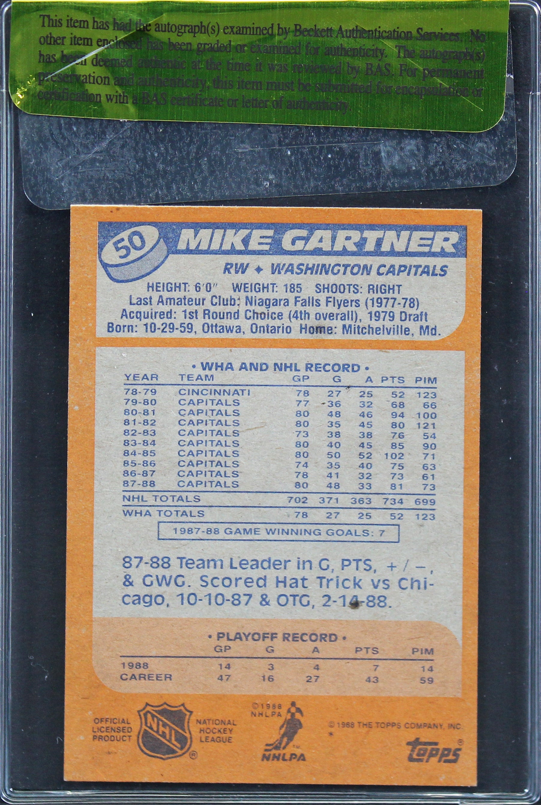 Capitals Mike Gartner Authentic Signed 1988 Topps #50 Card BAS #11291