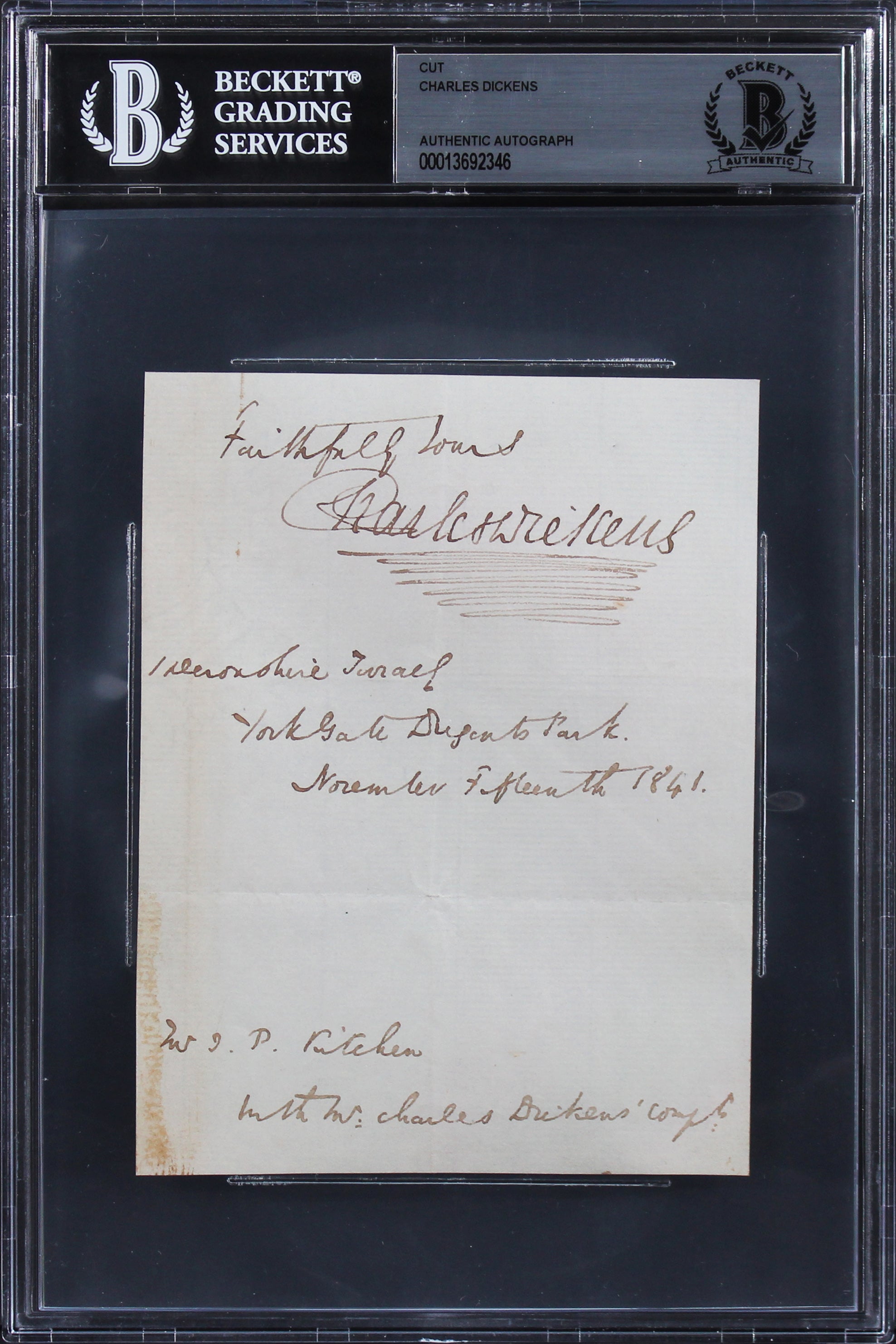 Charles Dickens "Faithfully Yours" Authentic Signed 4x5.5 Cut Signature BAS Slab