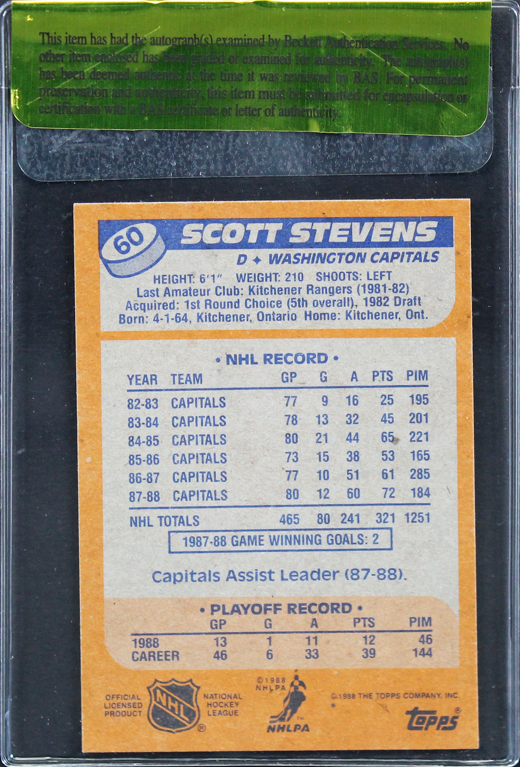 Capitals Scott Stevens Authentic Signed 1988 Topps #60 Card BAS #11305