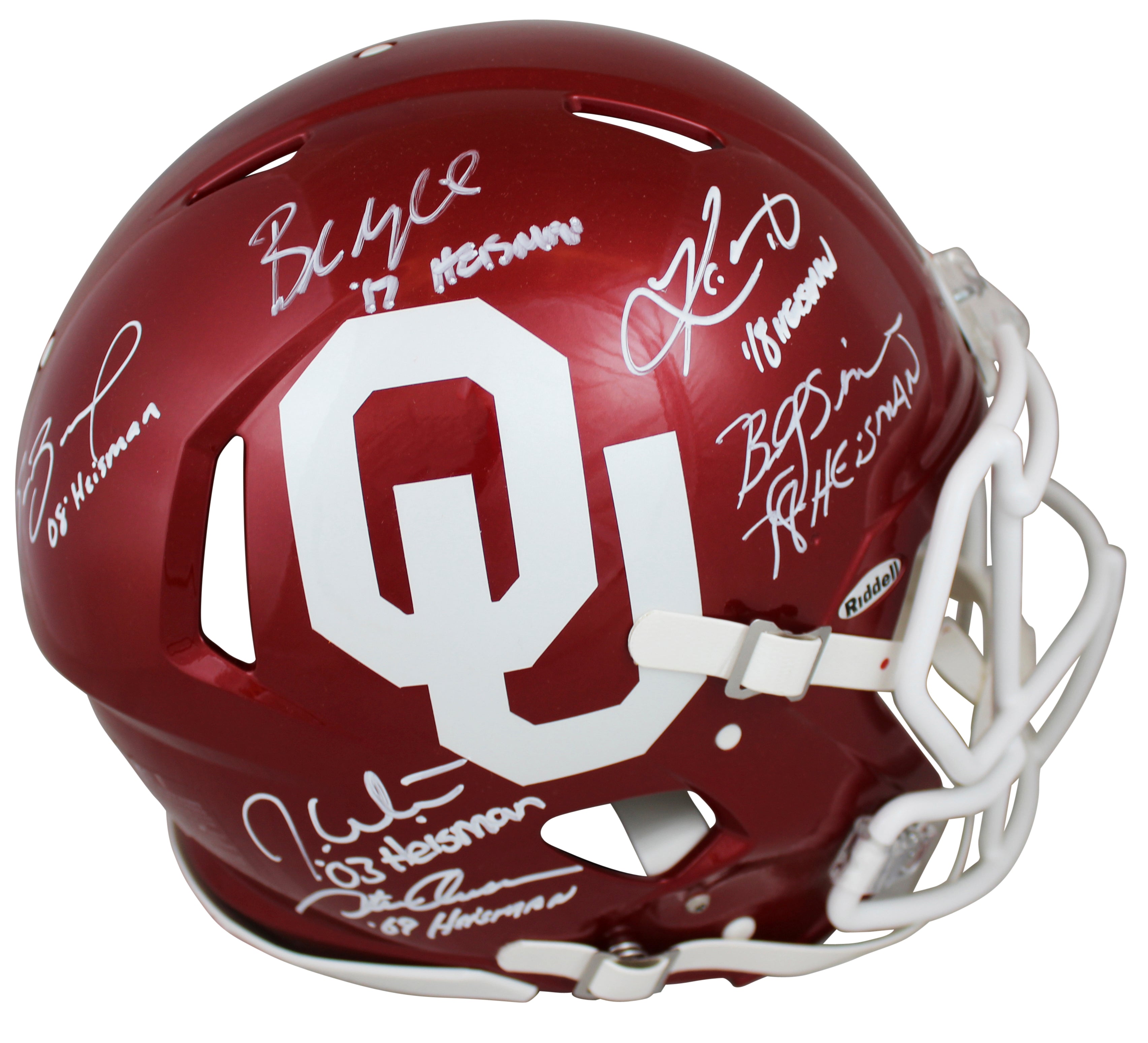 OU Heisman (6) Mayfield, Murray, Bradford Signed F/S Speed Proline Helmet BAS