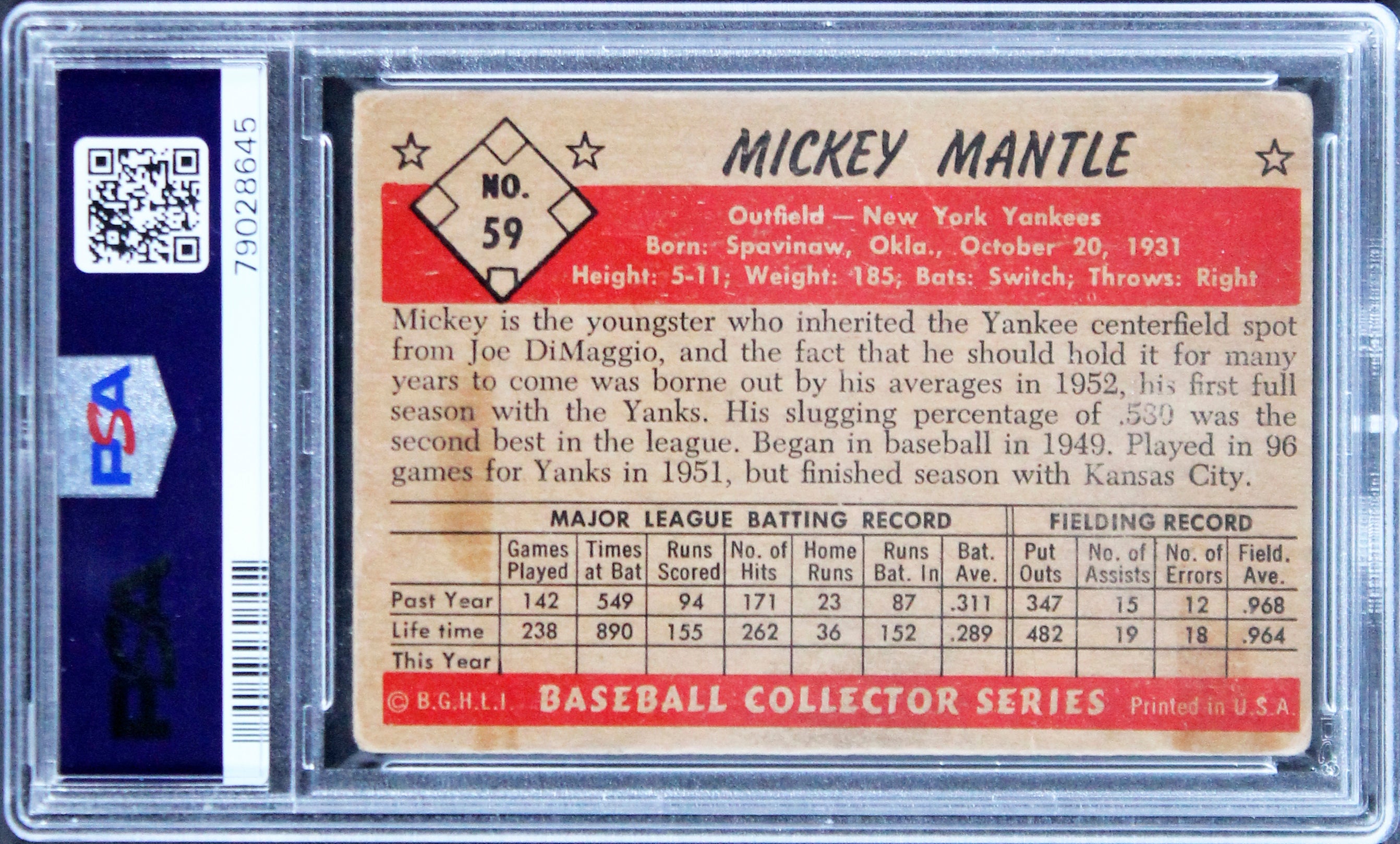 Mickey Mantle Signed 1953 Bowman Color #59 Card Grade Pr 1 MC Auto 9 PSA Slabbed