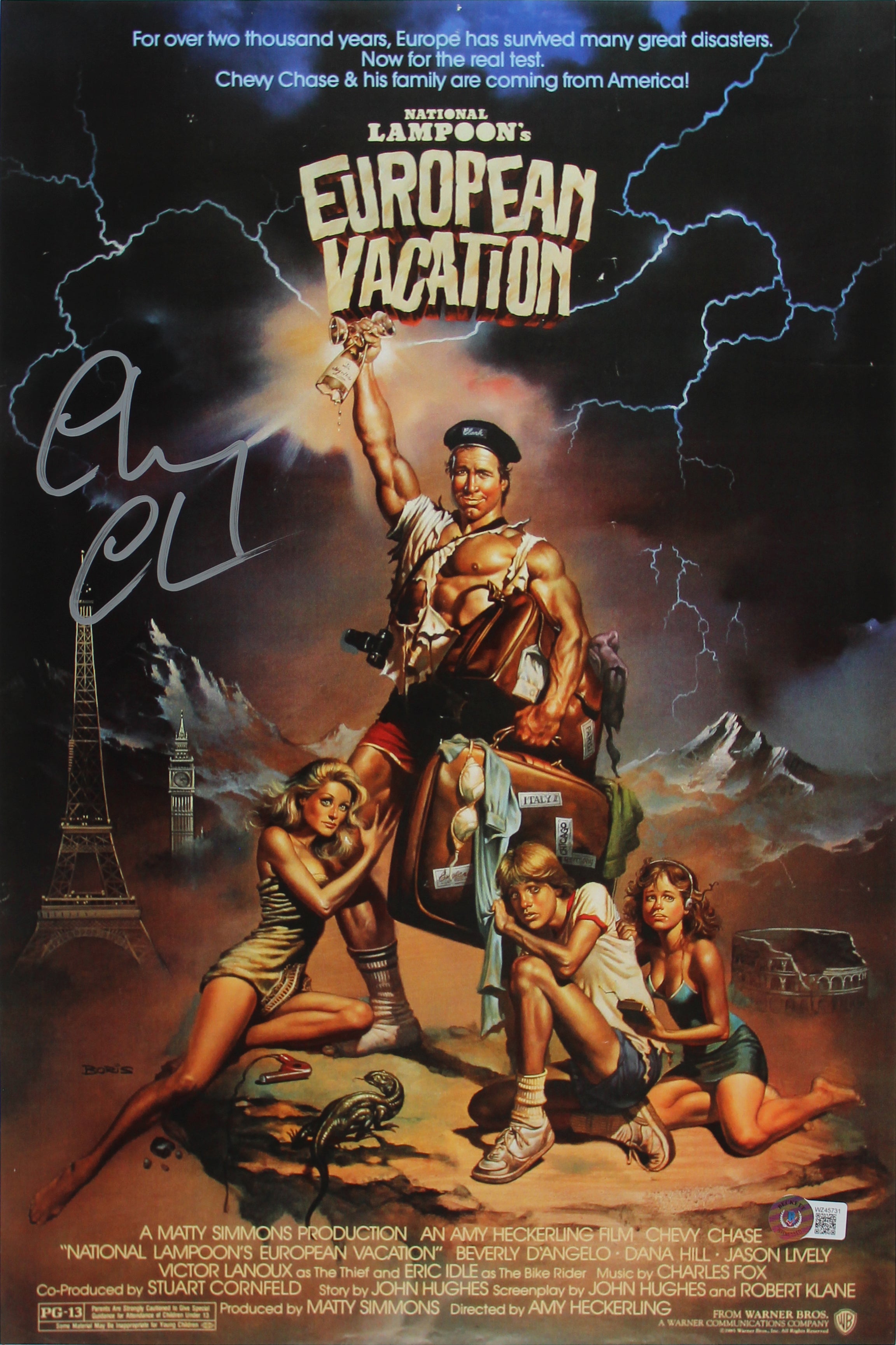 Chevy Chase European Vacation Signed 12x18 Mini Movie Poster BAS Witnessed