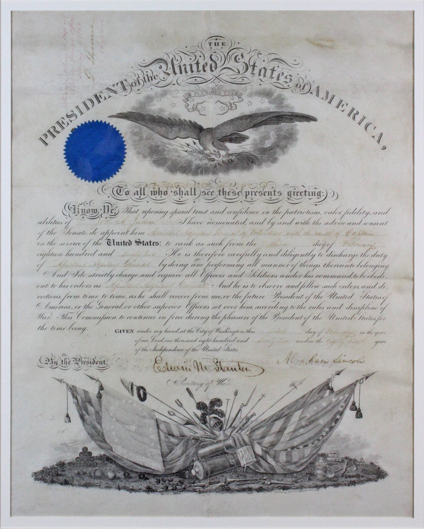 Abraham Lincoln Signed & Framed 14.5x19.5 1862 Military Appointment JSA #Z86098