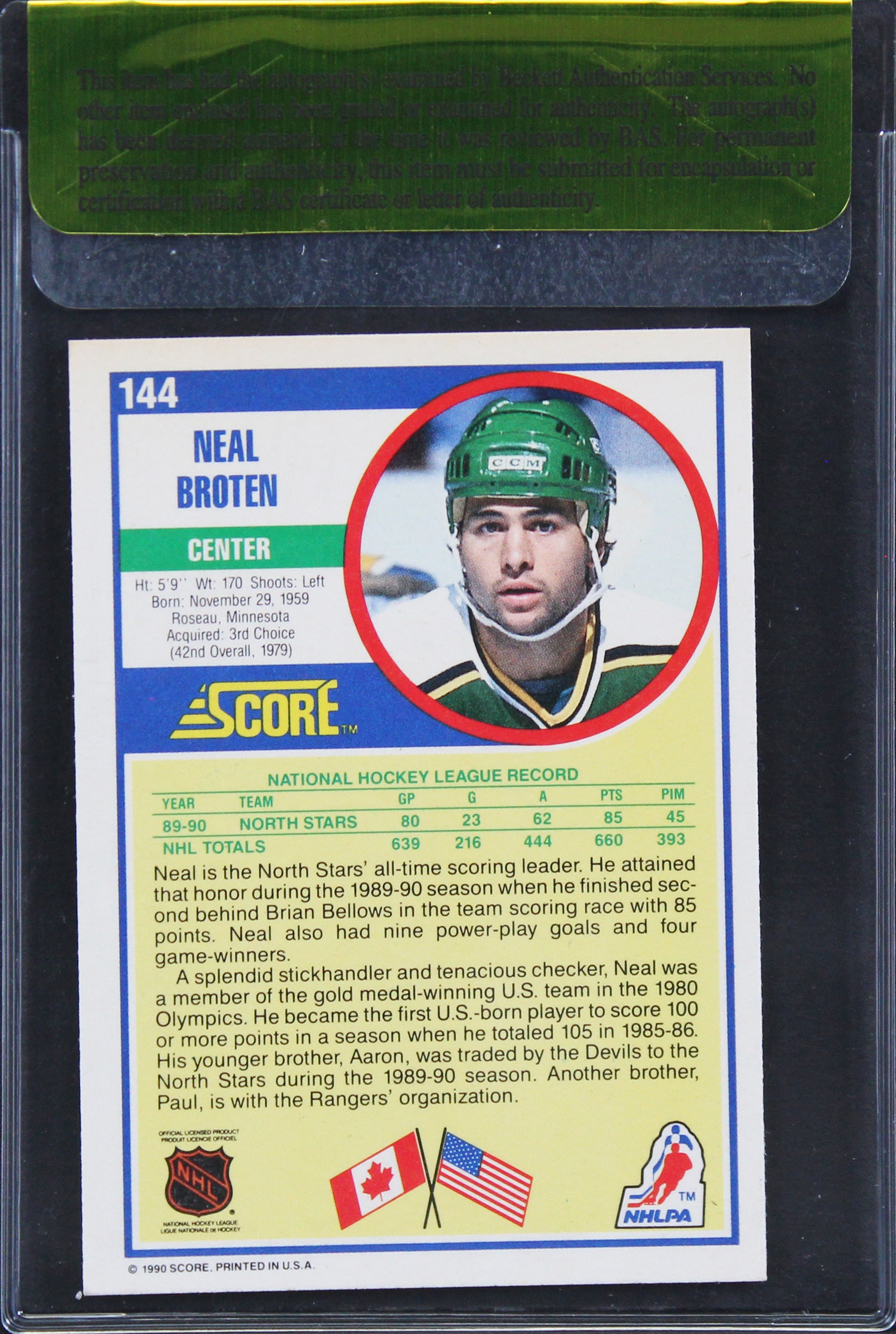 North Stars Neal Broten Authentic Signed 1990 Score #327 Card BAS #11361