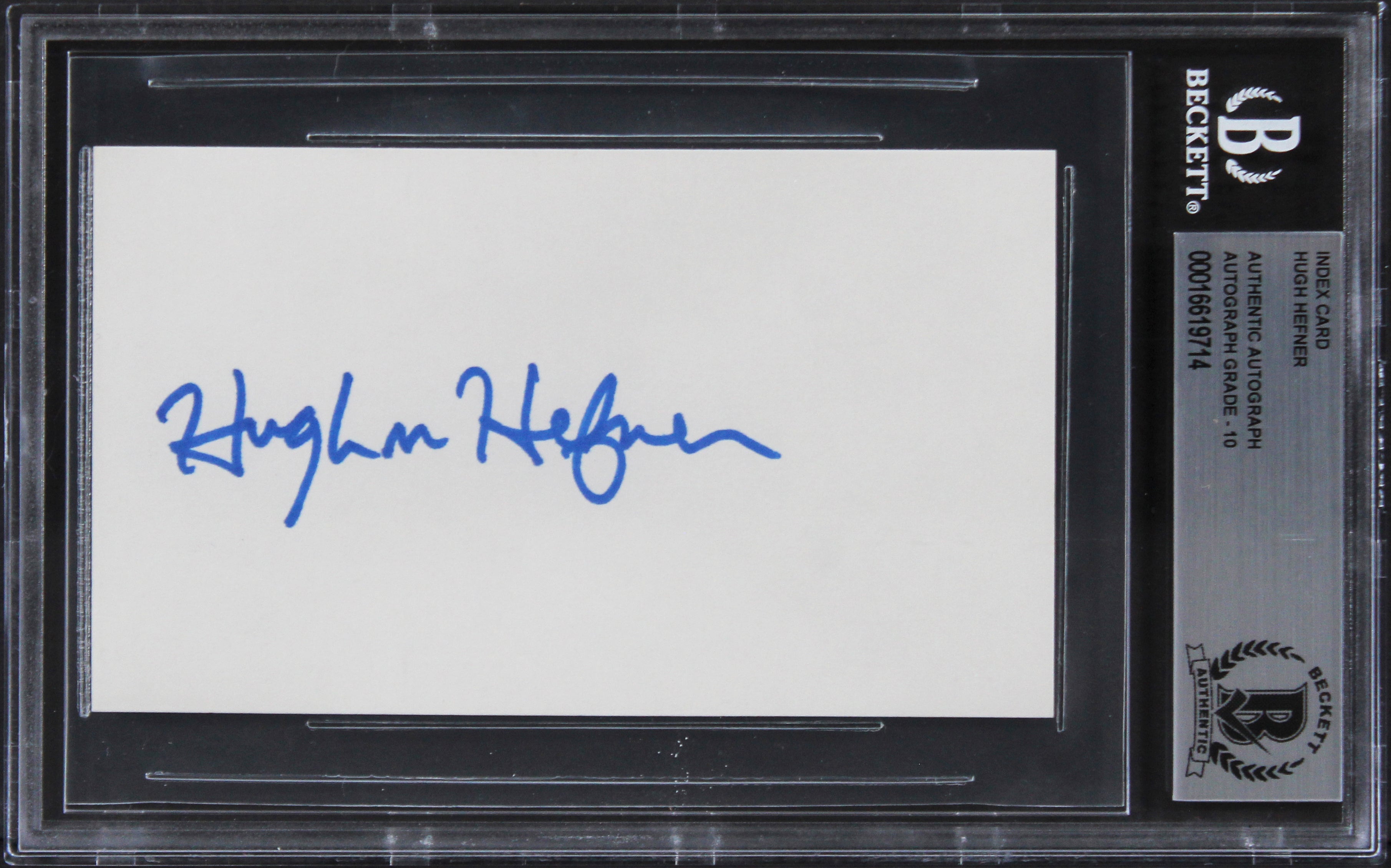 Hugh Hefner Playboy Signed 3x5 Index Card Auto Graded Gem Mint 10! BAS Slabbed