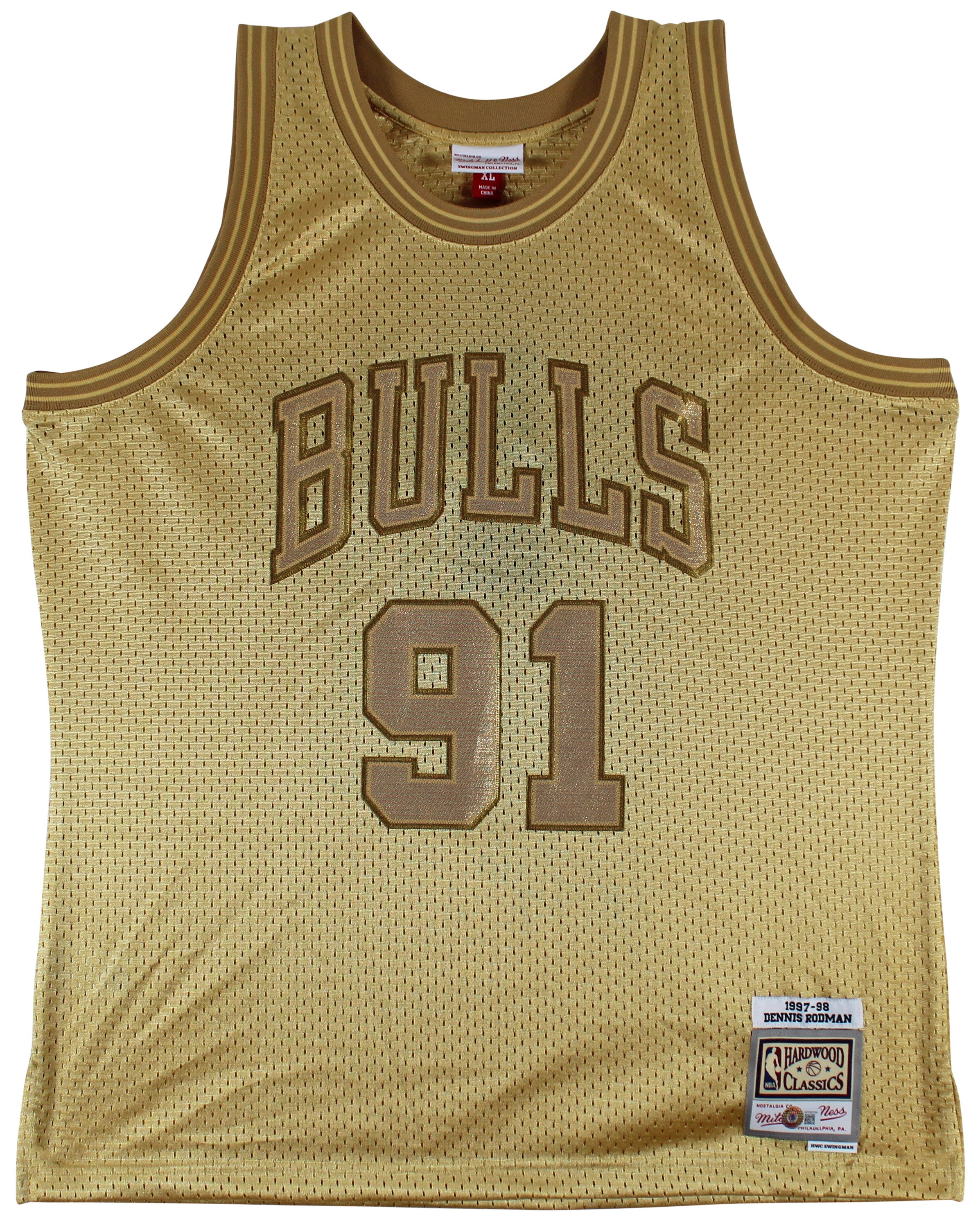 Bulls Dennis Rodman Authentic Signed Gold M&N HWC Swingman Jersey BAS Witnessed