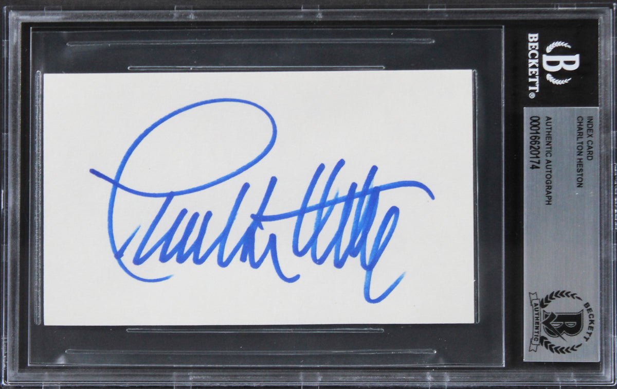 Charlton Heston The Ten Commandments Authentic Signed 3x5 Index Card BAS Slab 1