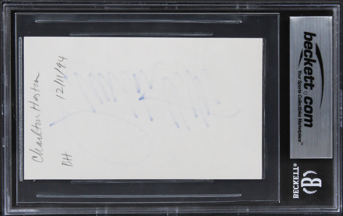 Charlton Heston The Ten Commandments Authentic Signed 3x5 Index Card BAS Slab 1