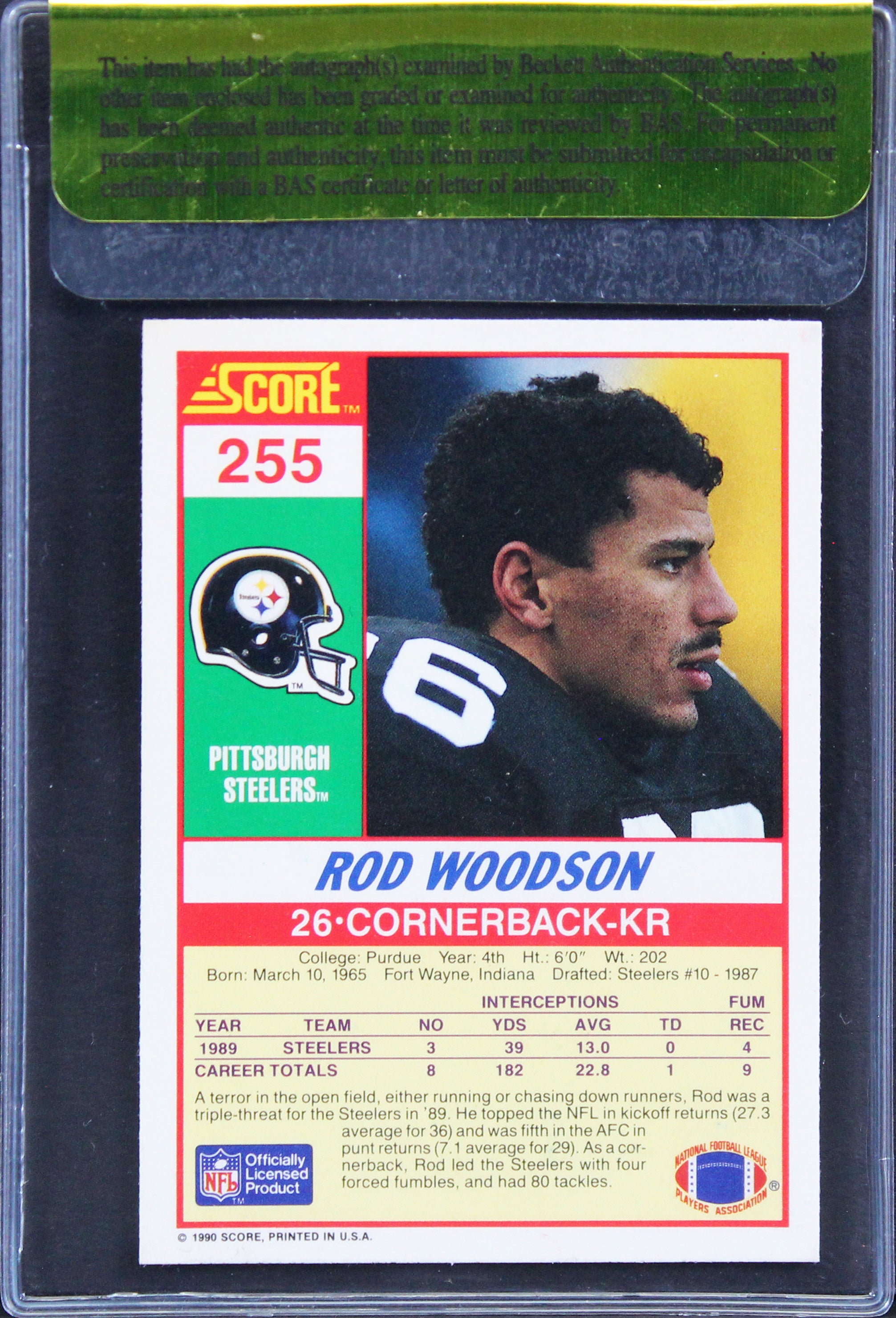 Steelers Rod Woodson Authentic Signed 1990 Score #255 Card BAS #11289