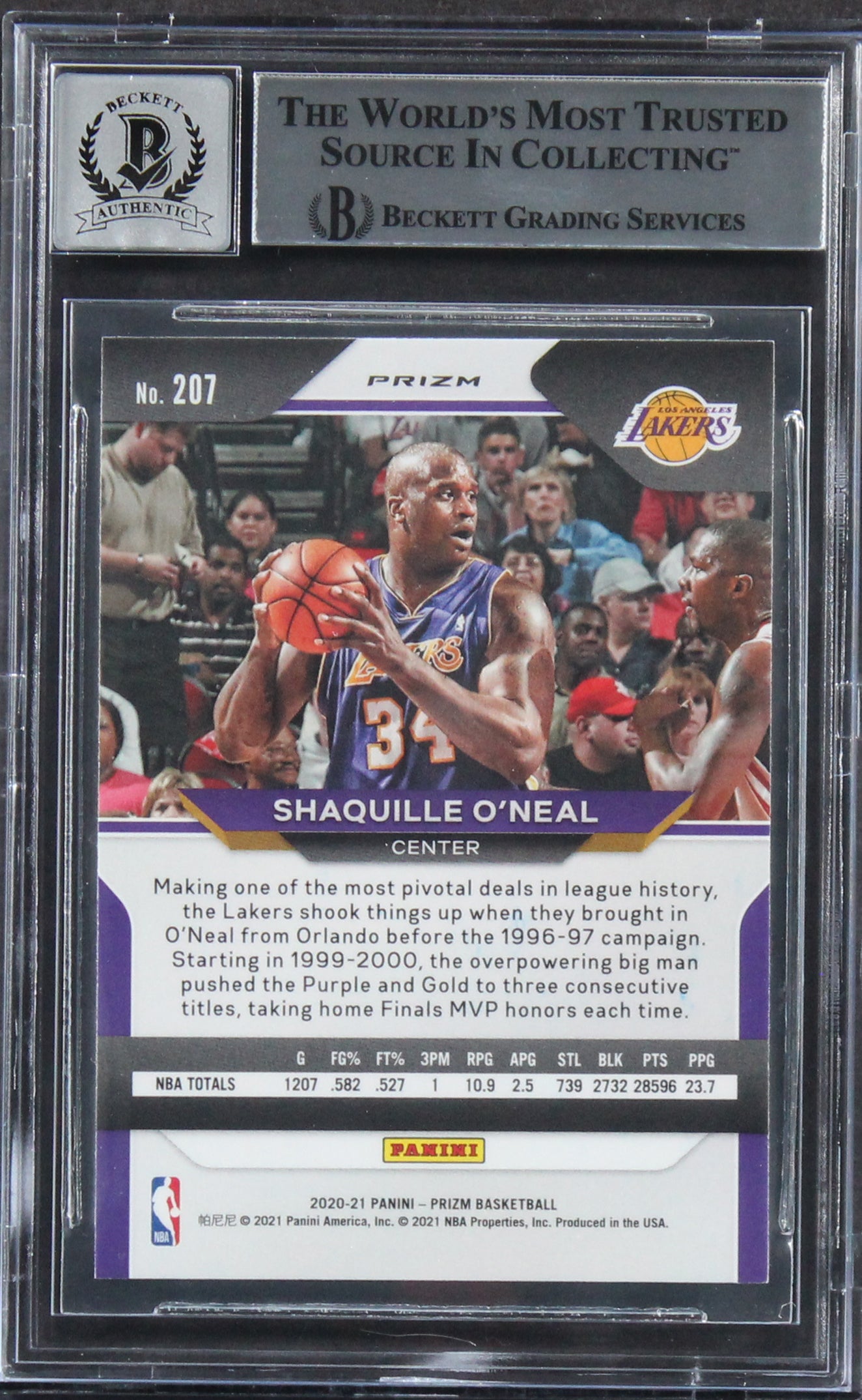 Shaquille O'Neal Signed 2020 Panini Prizm Silver #207 Card Auto 10! BAS Slabbed