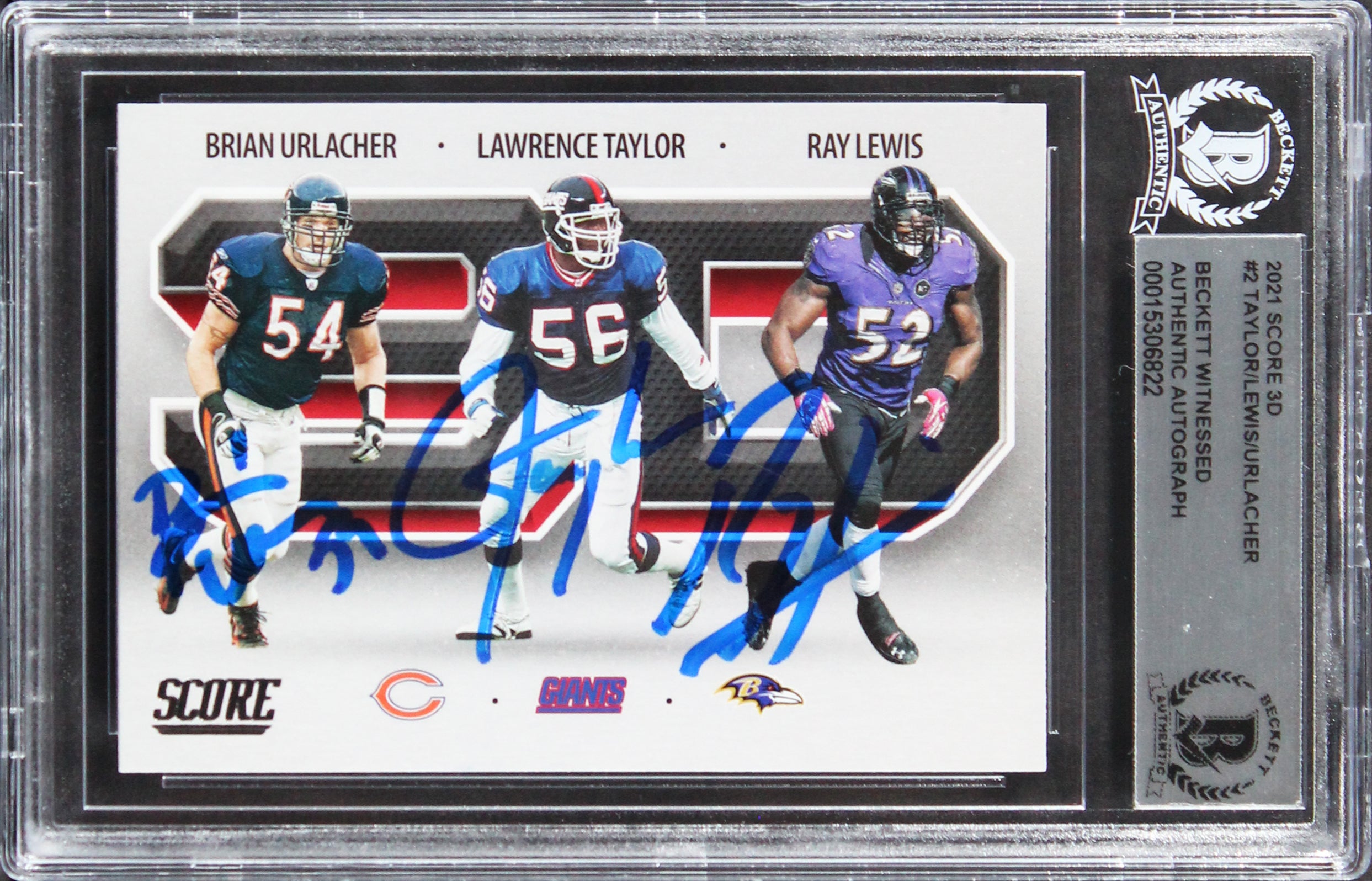 (3) Taylor, Urlacher & Lewis Signed 2021 Score 3D #2 Card BAS Slabbed