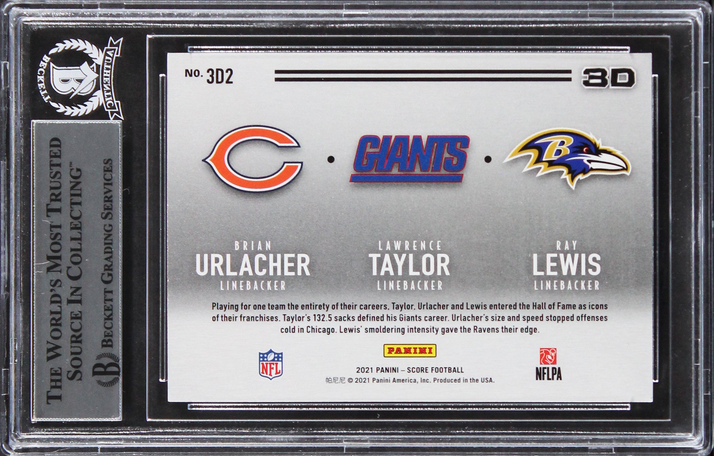 (3) Taylor, Urlacher & Lewis Signed 2021 Score 3D #2 Card BAS Slabbed