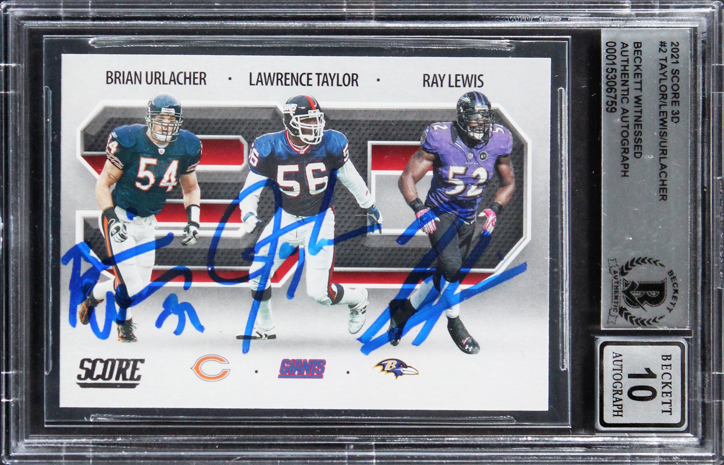 (3) Taylor, Urlacher & Lewis Signed 2021 Score 3D #2 Card Auto 10! BAS Slabbed