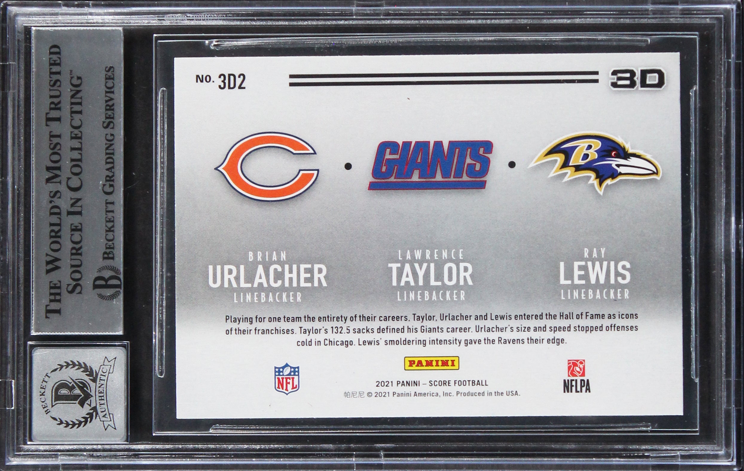 (3) Taylor, Urlacher & Lewis Signed 2021 Score 3D #2 Card Auto 10! BAS Slabbed