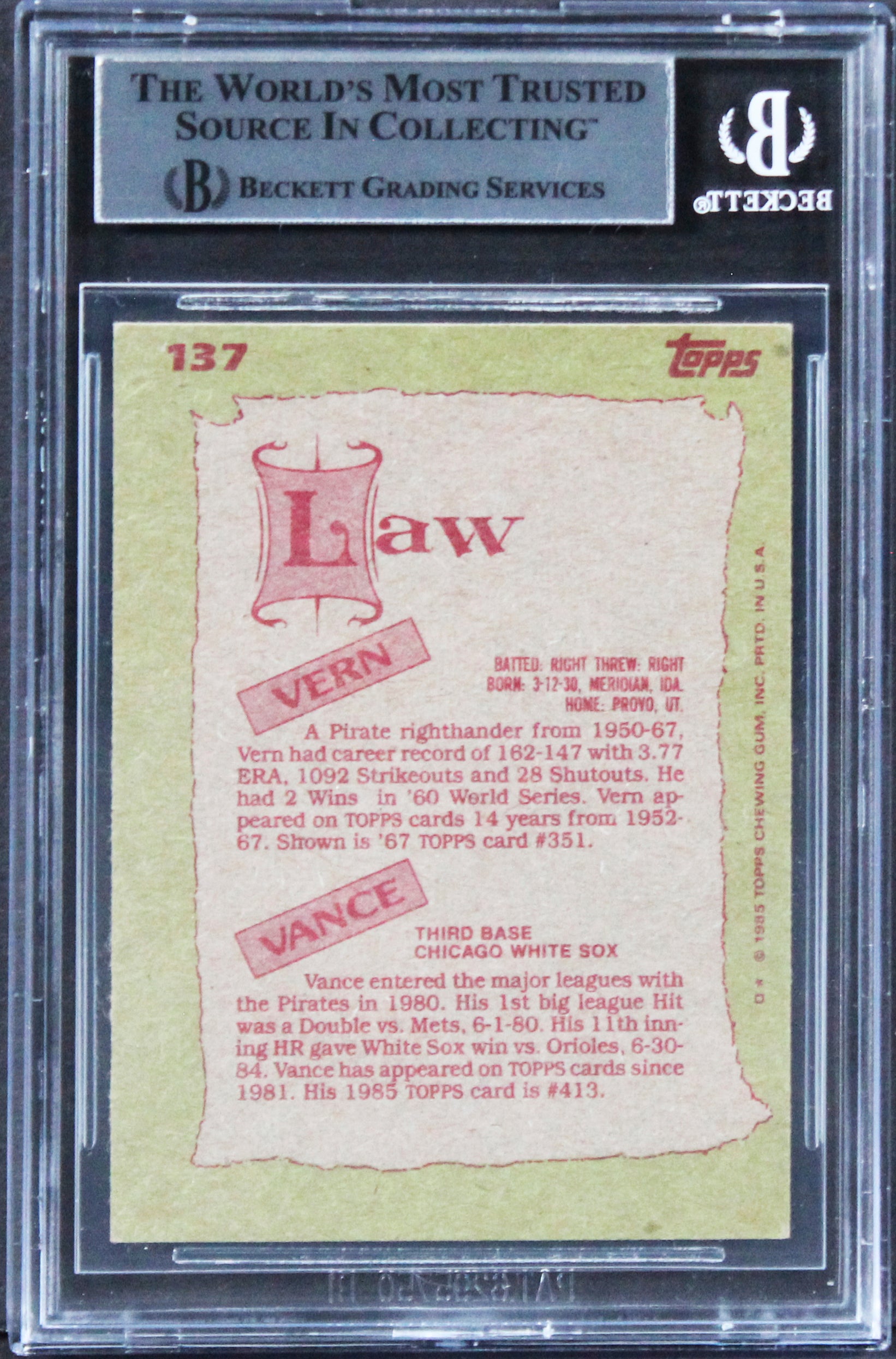 Law Vance & Vern Law Authentic Signed 1985 Topps #137 Card BAS Slabbed