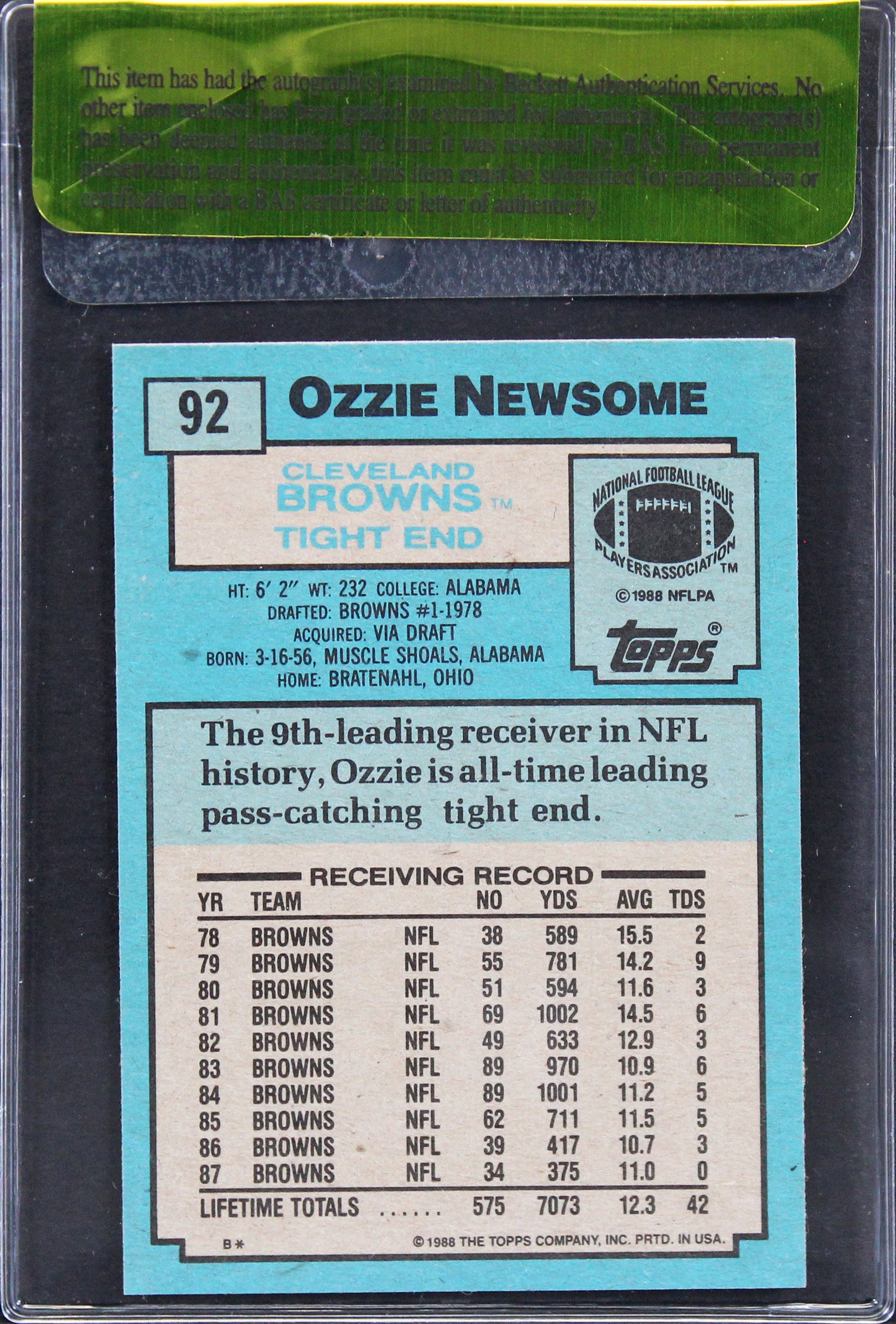 Browns Ozzie Newsome Authentic Signed 1988 Topps #92 Card Autographed BAS #11314