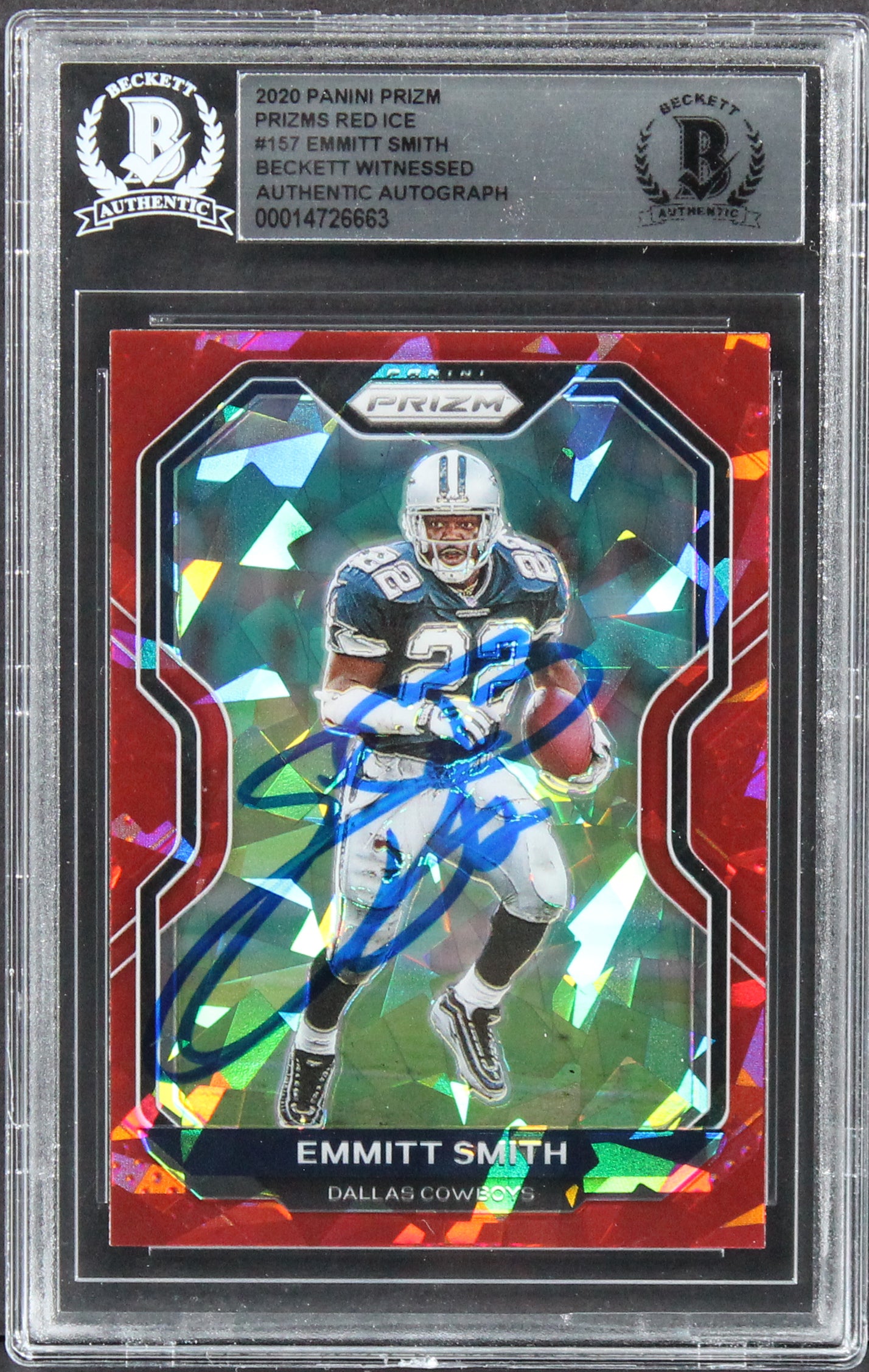 Cowboys Emmitt Smith Signed 2020 Panini Prizm Prizms Red Ice #157 Card BAS Slab