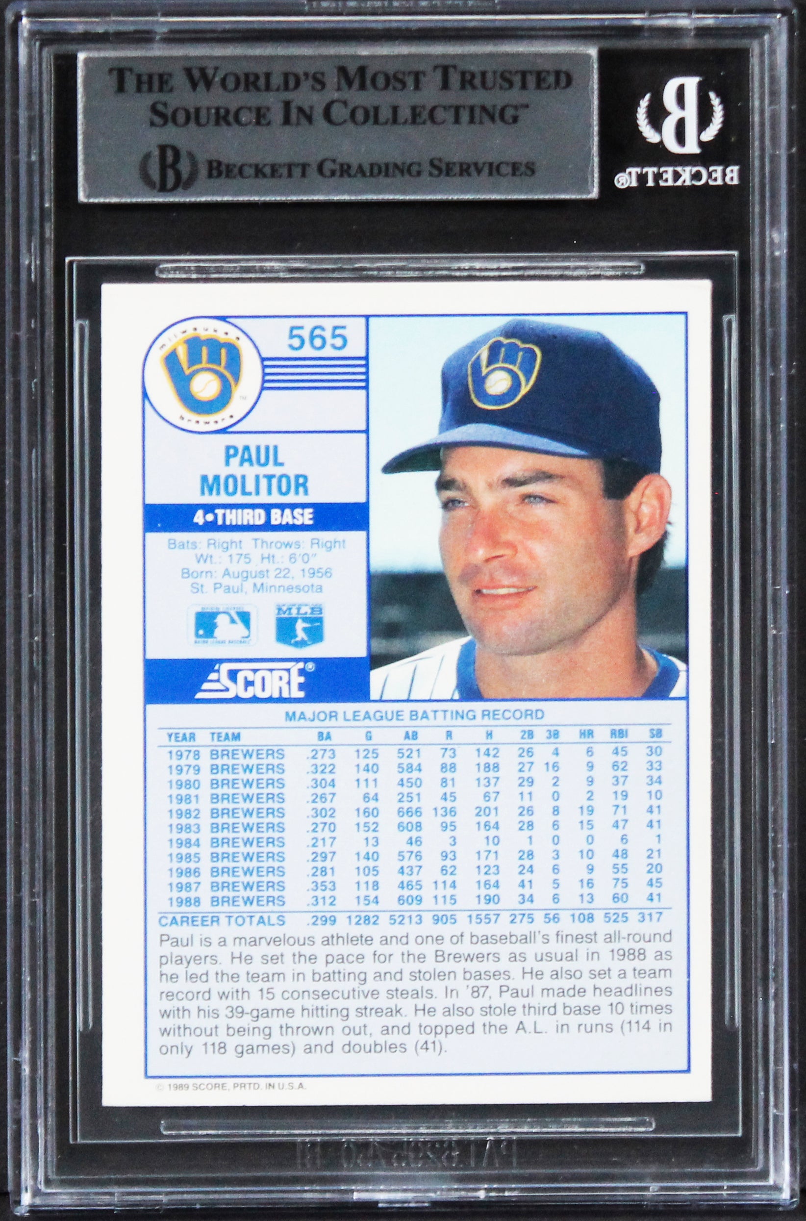 Brewers Paul Molitor Authentic Signed 1989 Score #565 Card BAS Slabbed