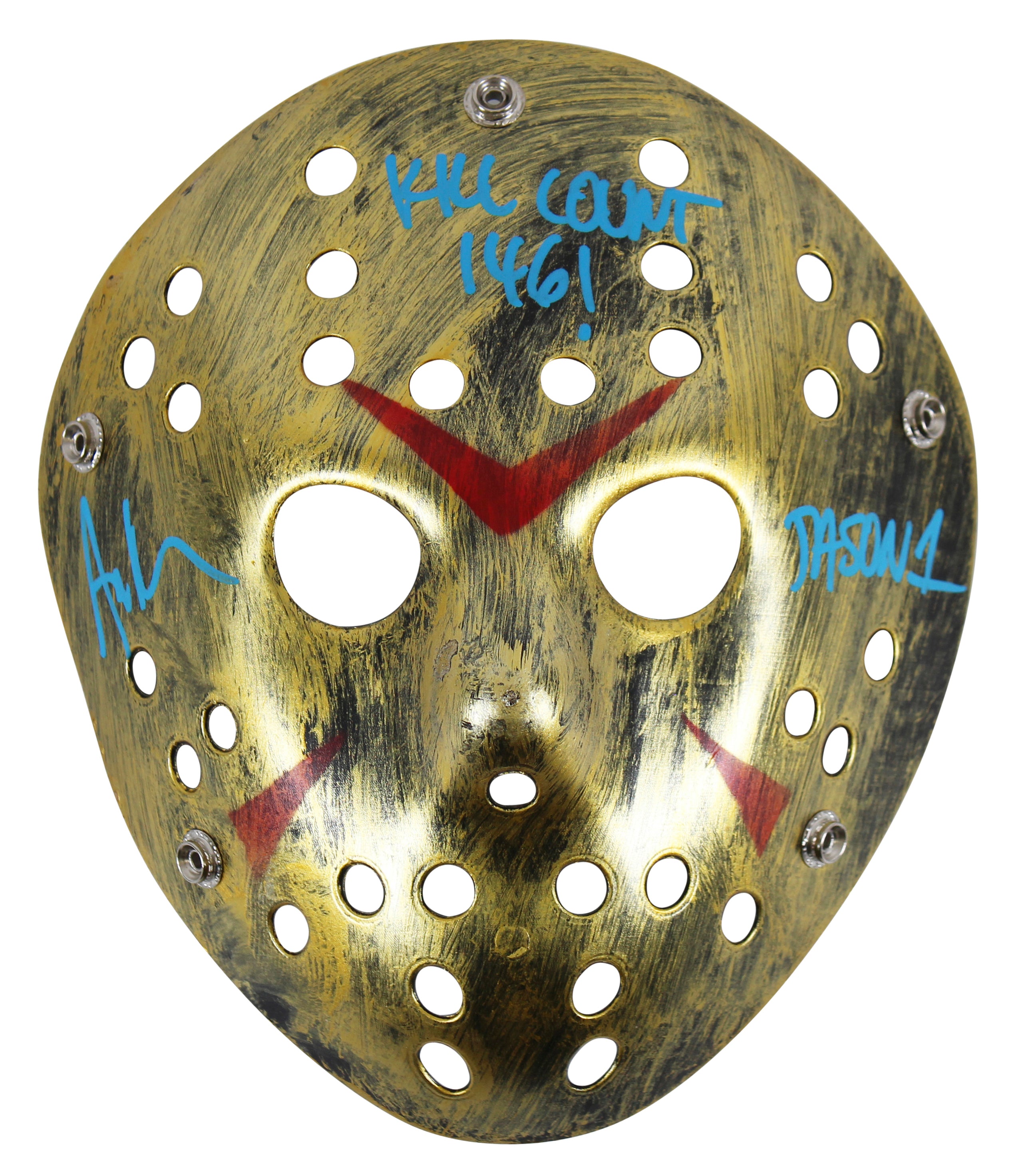 Ari Lehman Friday The 13th "146 Kill Count" Signed Gold Jason Mask BAS #BH057840