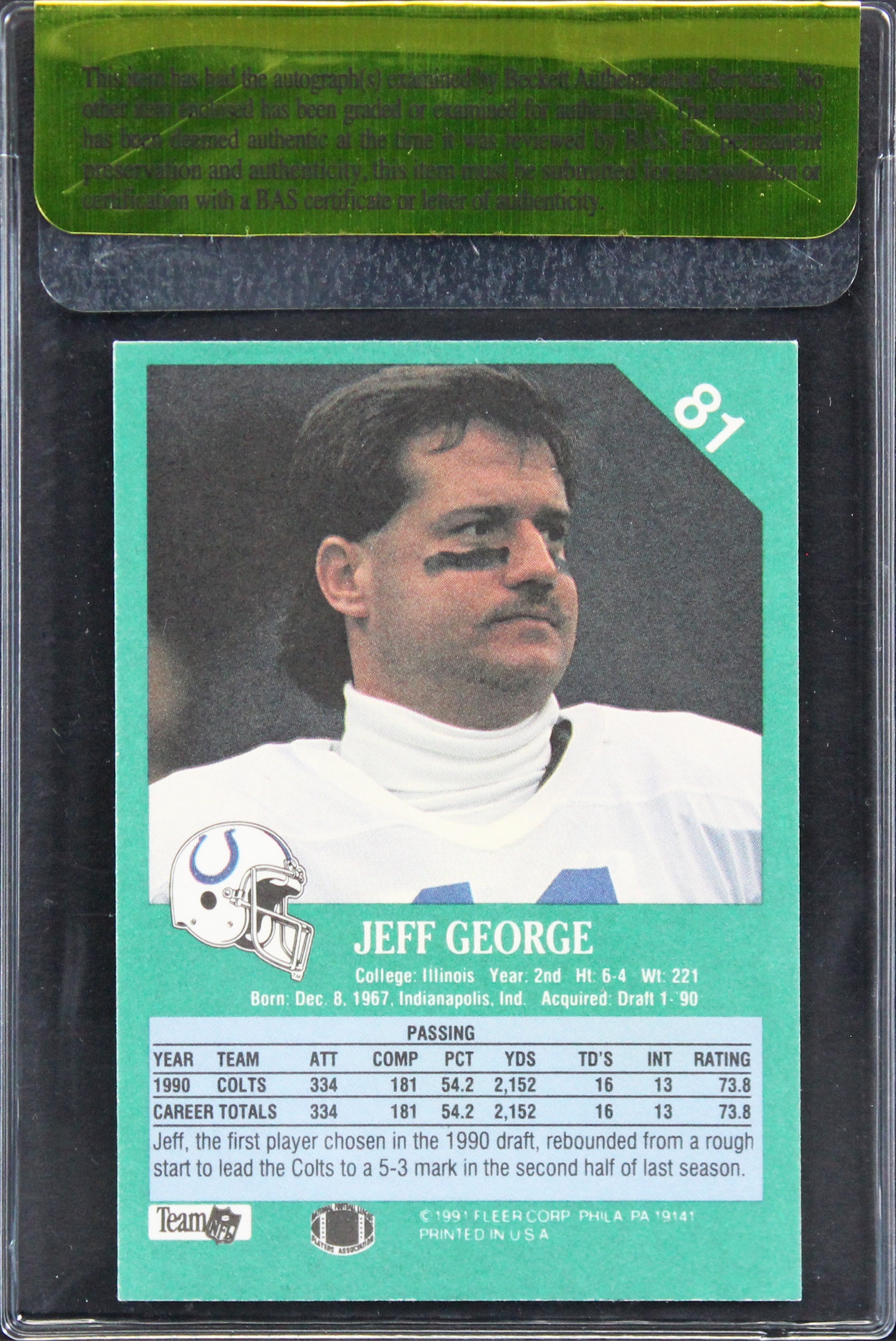 Colts Jeff George Authentic Signed 1991 Fleer #81 Card Autographed BAS #11312